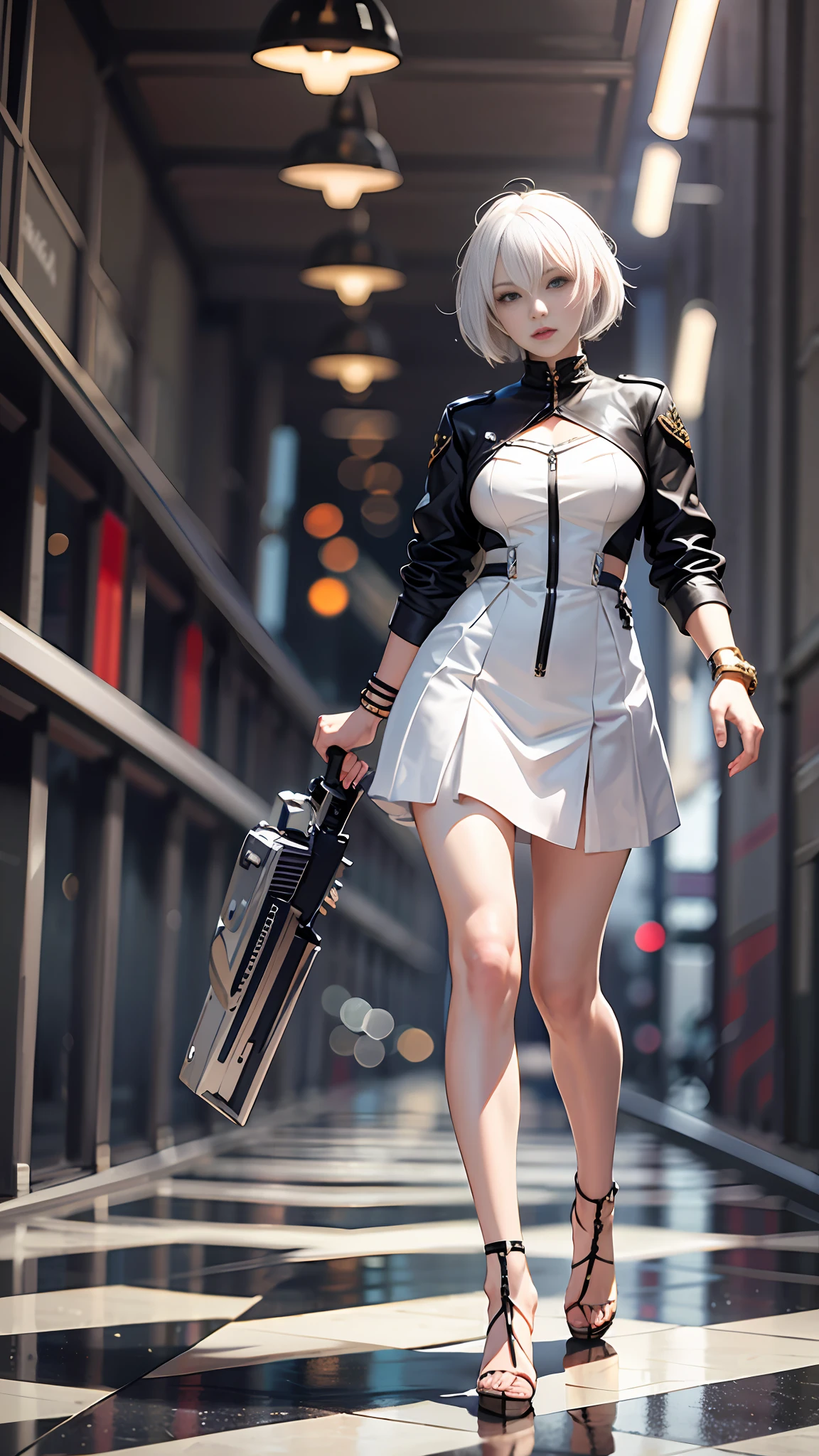 (Masterpiece), (Best Quality), Realism, Cinematic Light, Cool Pose, Battlefield Background, Perfect Figure, White Eyes, Short White Hair, Full Body, Long Legs, Miniskirt, High Heels