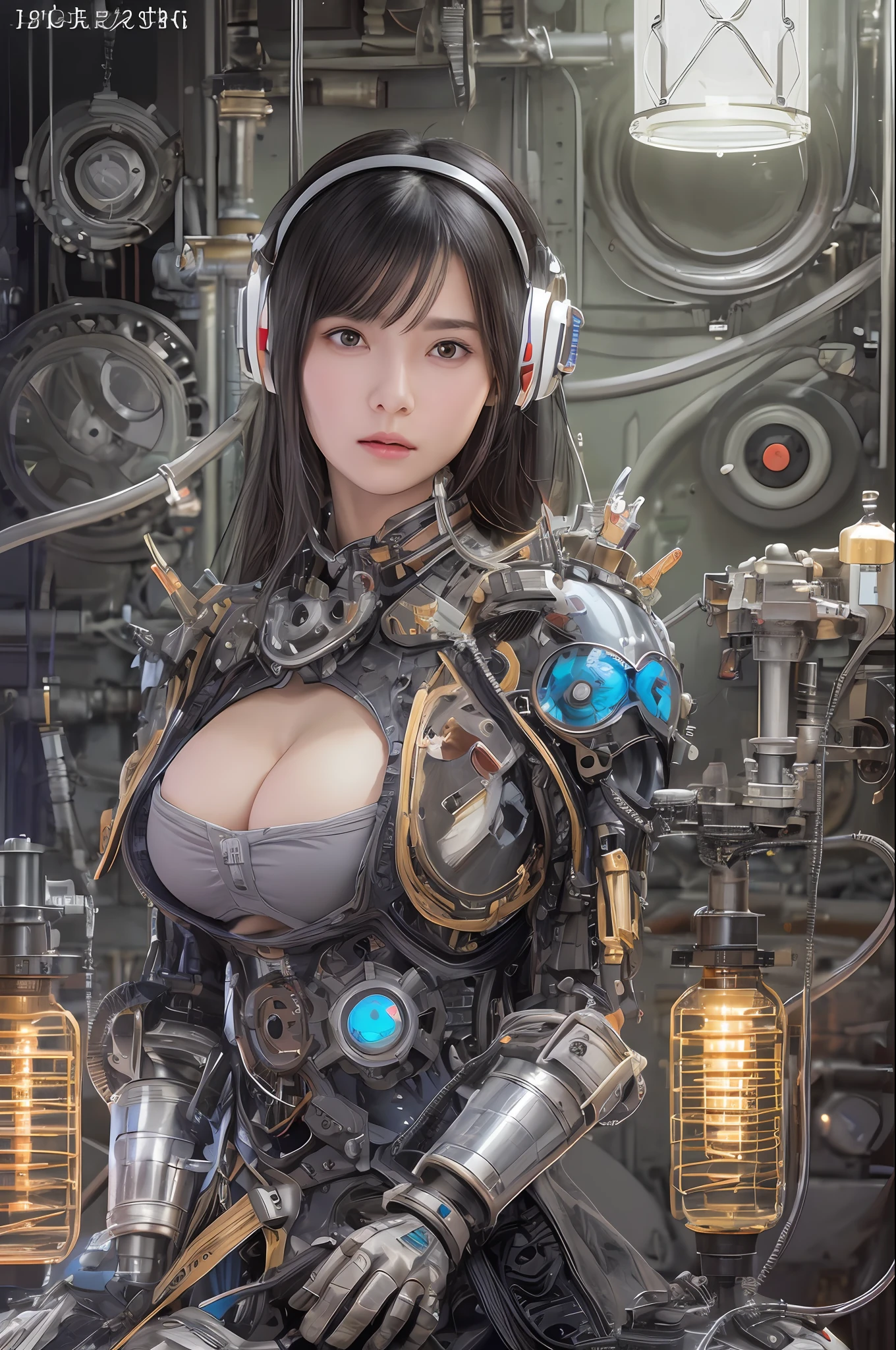 Top Quality, Masterpiece, Ultra High Resolution, (Photorealistic: 1.4), Raw Photo, 1 Girl, Black Hair, Glossy Skin, 1 Mechanical Girl, (Ultra Realistic Details)), Portrait, Global Illumination, Shadows, Octane Rendering, 8K, Ultra Sharp, Big, Cleavage Exposed Raw Skin, Metal, Detail of Intricate Ornaments, steampunk details, vacuum tubes, nixie tubes, oil pressure gauges, glass tubes, analog meters, gears, gears, hydraulic cylinders, very intricate details, realistic light, CGSoation trends, purple eyes, glowing eyes, facing the camera, neon details, mechanical limbs, blood vessels connected to tubes, mechanical vertebrae attached to the back, mechanical cervical attachment to the neck, sitting, wires and cables connecting to the head, Gundam, small LED lamps,