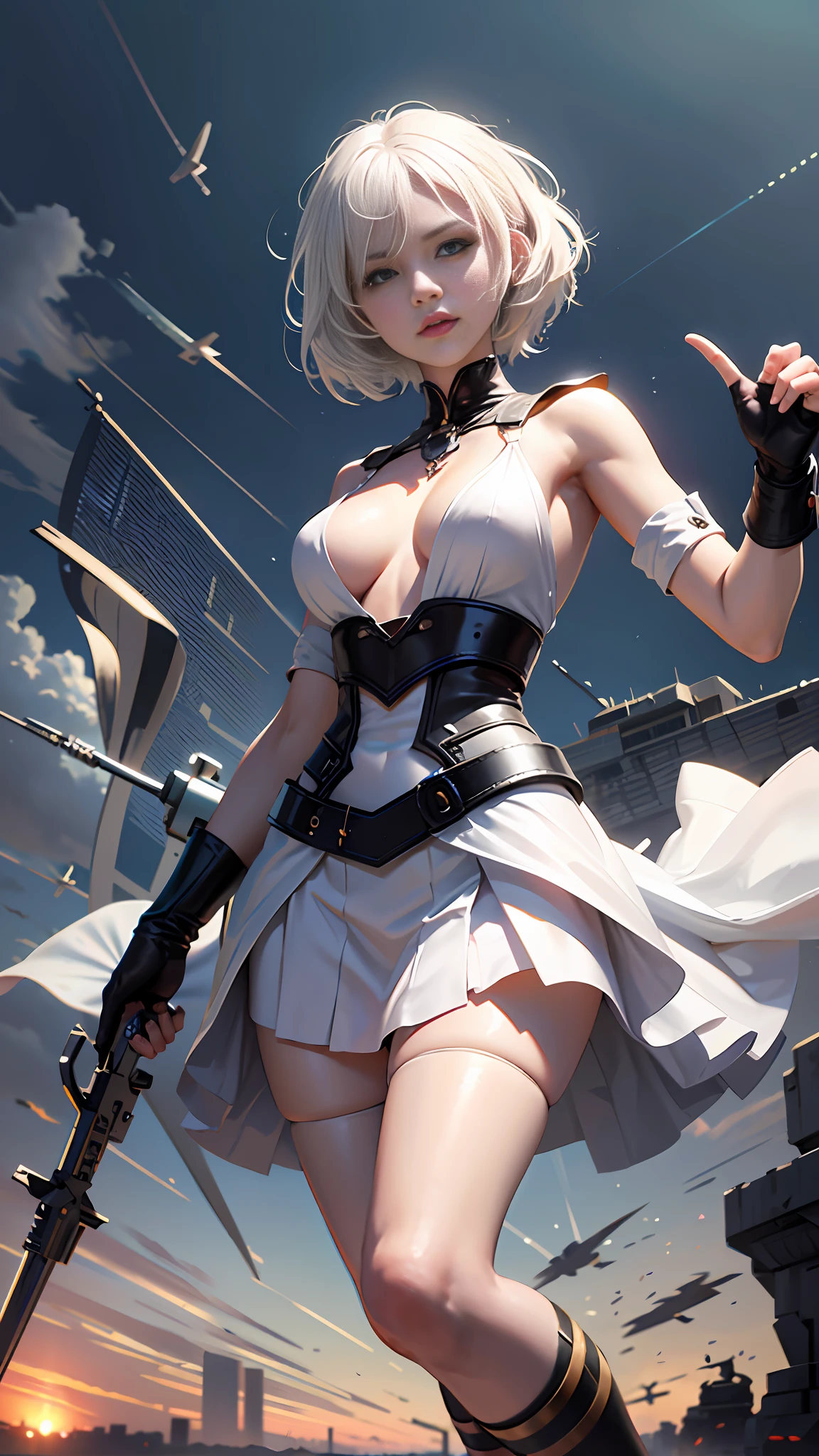 (Masterpiece), (Best Quality), Realism, Cinematic Light, Cool Pose, Battlefield Background, Perfect Figure, White Eyes, Short White Hair, Full Body, Long Legs, Miniskirt, High Heels