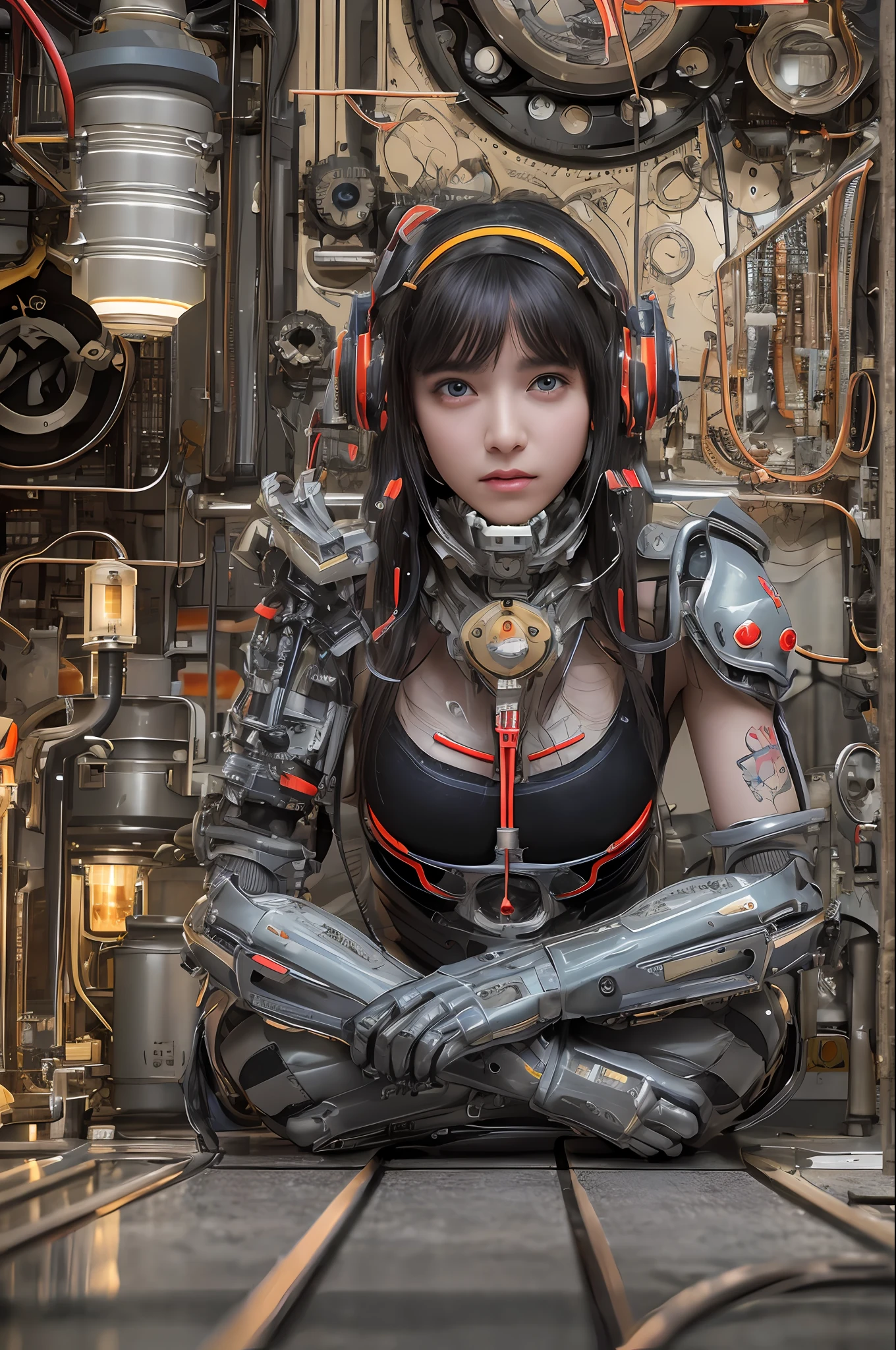 Top Quality, Masterpiece, Ultra High Resolution, (Photorealistic: 1.4), Raw Photo, 1 Girl, Black Hair, Glossy Skin, 1 Mechanical Girl, (Ultra Realistic Details)), Portrait, Global Illumination, Shadows, Octane Rendering, 8K, Ultra Sharp, Big, Cleavage Exposed Raw Skin, Metal, Detail of Intricate Ornaments, steampunk details, vacuum tubes, nixie tubes, oil pressure gauges, glass tubes, analog meters, gears, gears, hydraulic cylinders, very intricate details, realistic light, CGSoation trends, purple eyes, glowing eyes, facing the camera, neon details, mechanical limbs, blood vessels connected to tubes, mechanical vertebrae attached to the back, mechanical cervical attachment to the neck, sitting, wires and cables connecting to the head, Gundam, small LED lamps,