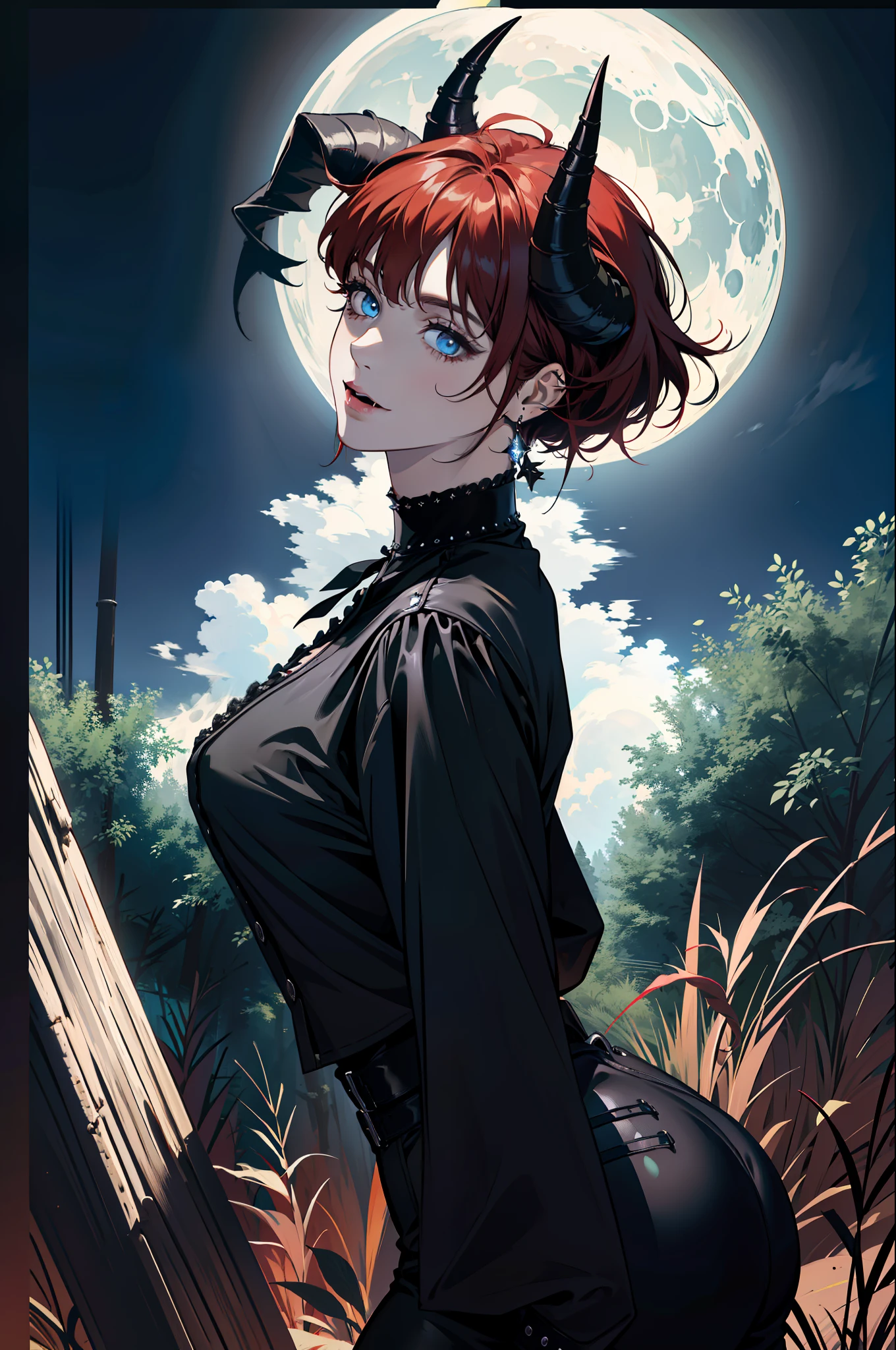(absurdres, highres, ultra detailed), 1 girl, adult, handsome, tall, broad shoulders, finely detailed eyes and detailed face, black leather clothes, night, smile, dutch angle, short red hair, moon, forest, black horns in his head, silver details, earrings, black chocker, gothic, dark, vampire, black pants, horns, blue eyes