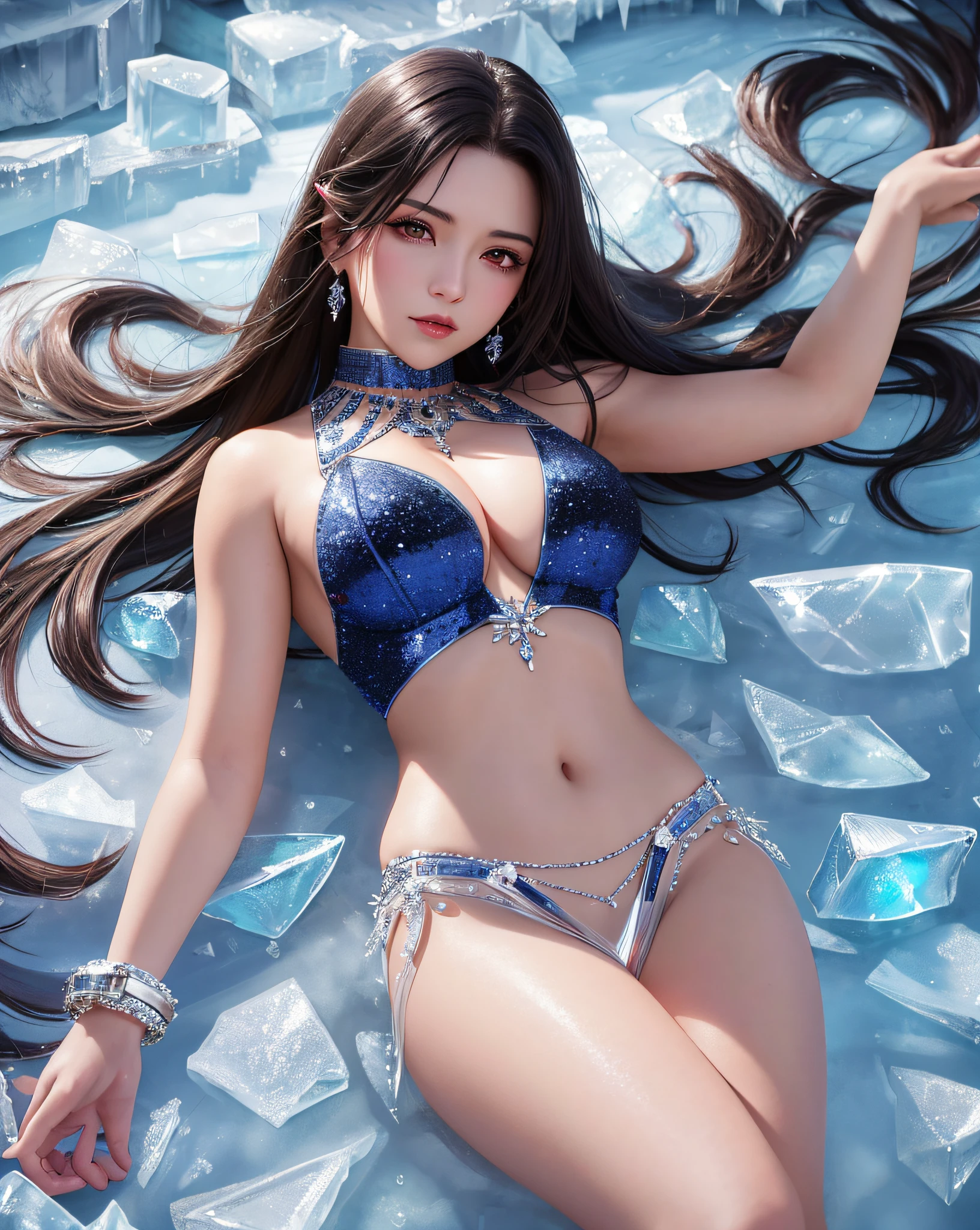 Masterpiece, best quality, super detailed, 8K, detailed light, (detailed skin), 1 sexy girl, tifa (Final Fantasy), face, 18 years old, black hair, long hair, black eyes, eye reflex, sentient eyes, detailed eyes, solo, extremely tender white skin, moist skin, skin reflection light, ice magic, snow magic, updraft, complex ice evening dress, lots of sapphire jewelry, belly dance, ((((ice style))), glacier background