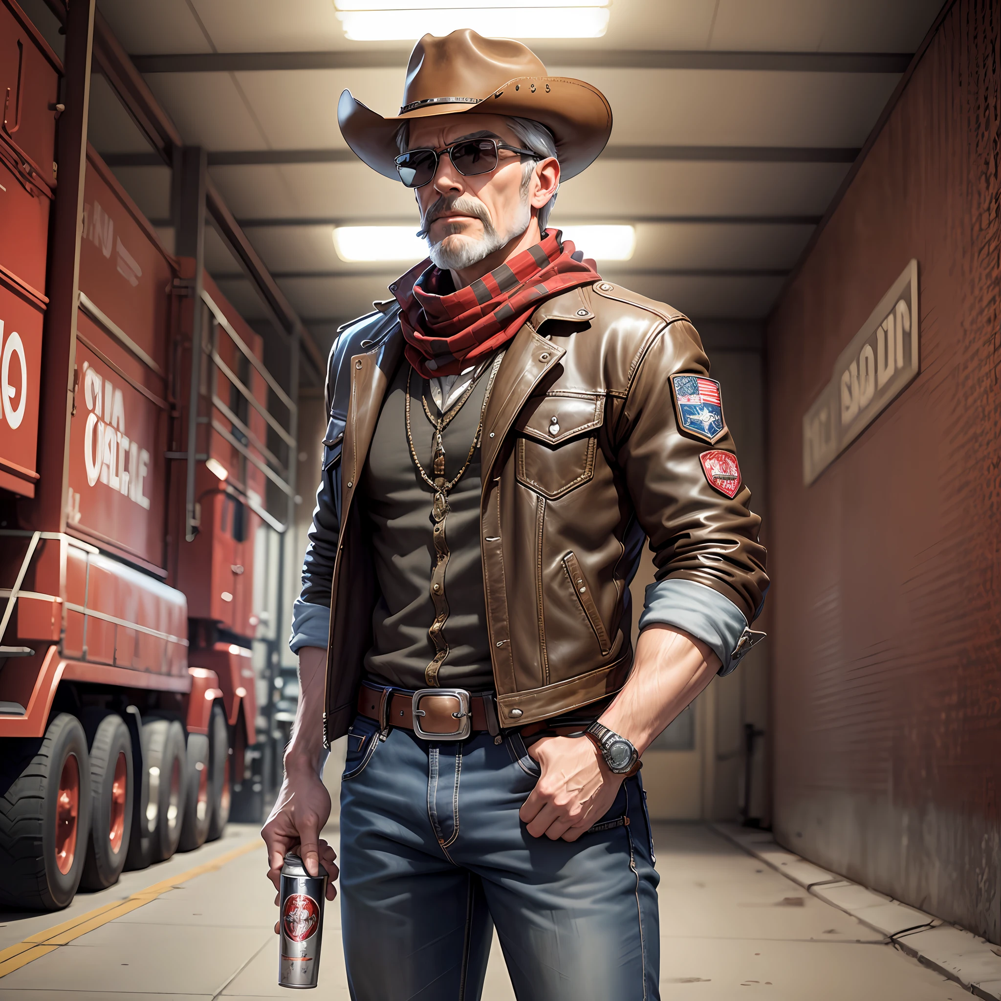 ((Best Quality, 4K, Masterpiece: 1.3)), A man alone he is white, age 50, gray social cut hair, black aviator glasses, brown leather cowboy hat, brown leather jacket, red scout scarf around his neck, jeans, belt with cowboy buckle, cowboy boot, imposing posture, drinking beer can, leaning against a big red and black Peterbilt model truck. --auto --s2