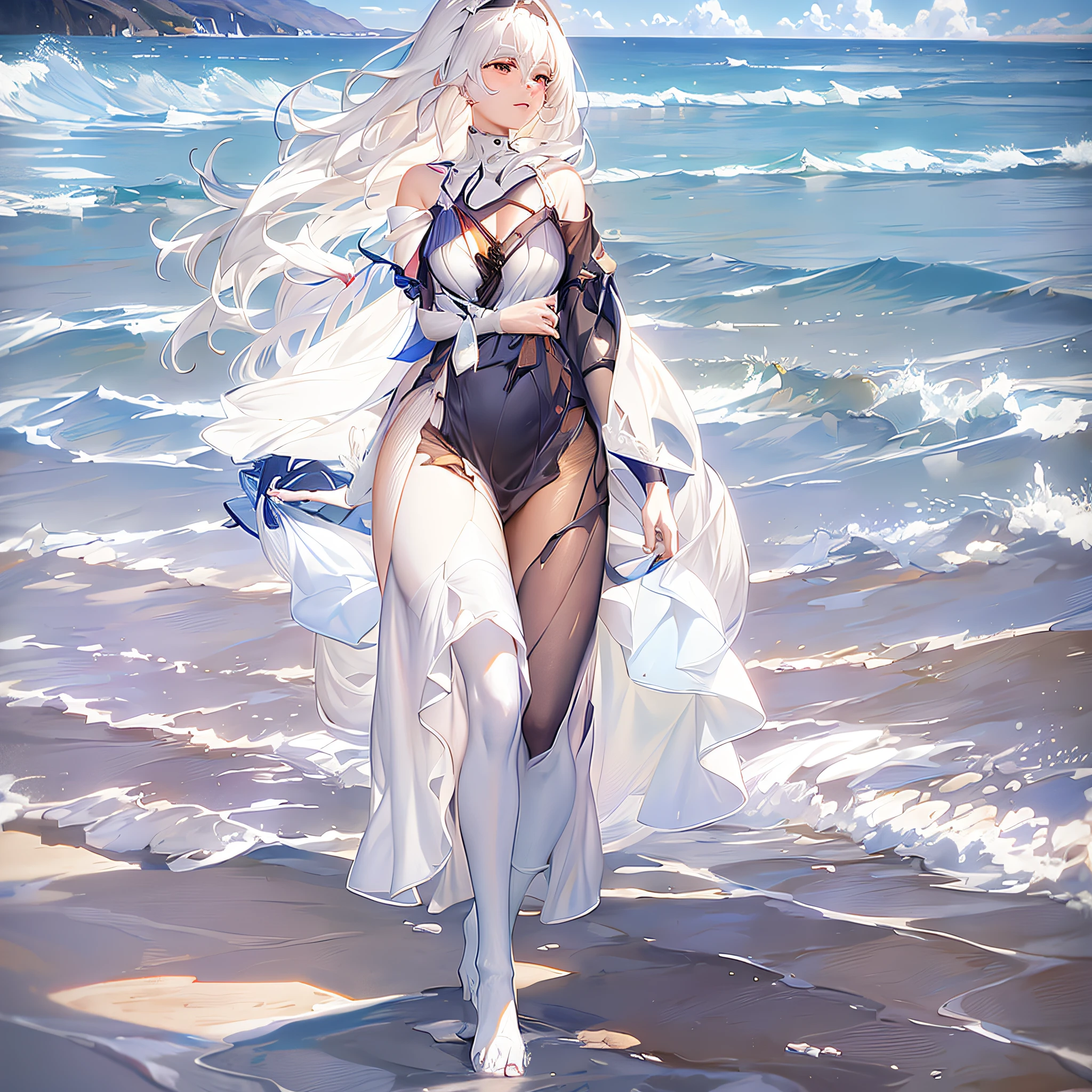 anime girl walking on the beach with long white hair, beautiful anime artwork, guweiz on pixiv artstation, beautiful anime art, guweiz on artstation pixiv, trending on artstation pixiv, anime girl walking on water, flowing white hair, flowing white robes, anime art wallpaper 8 k, artgerm and atey ghailan