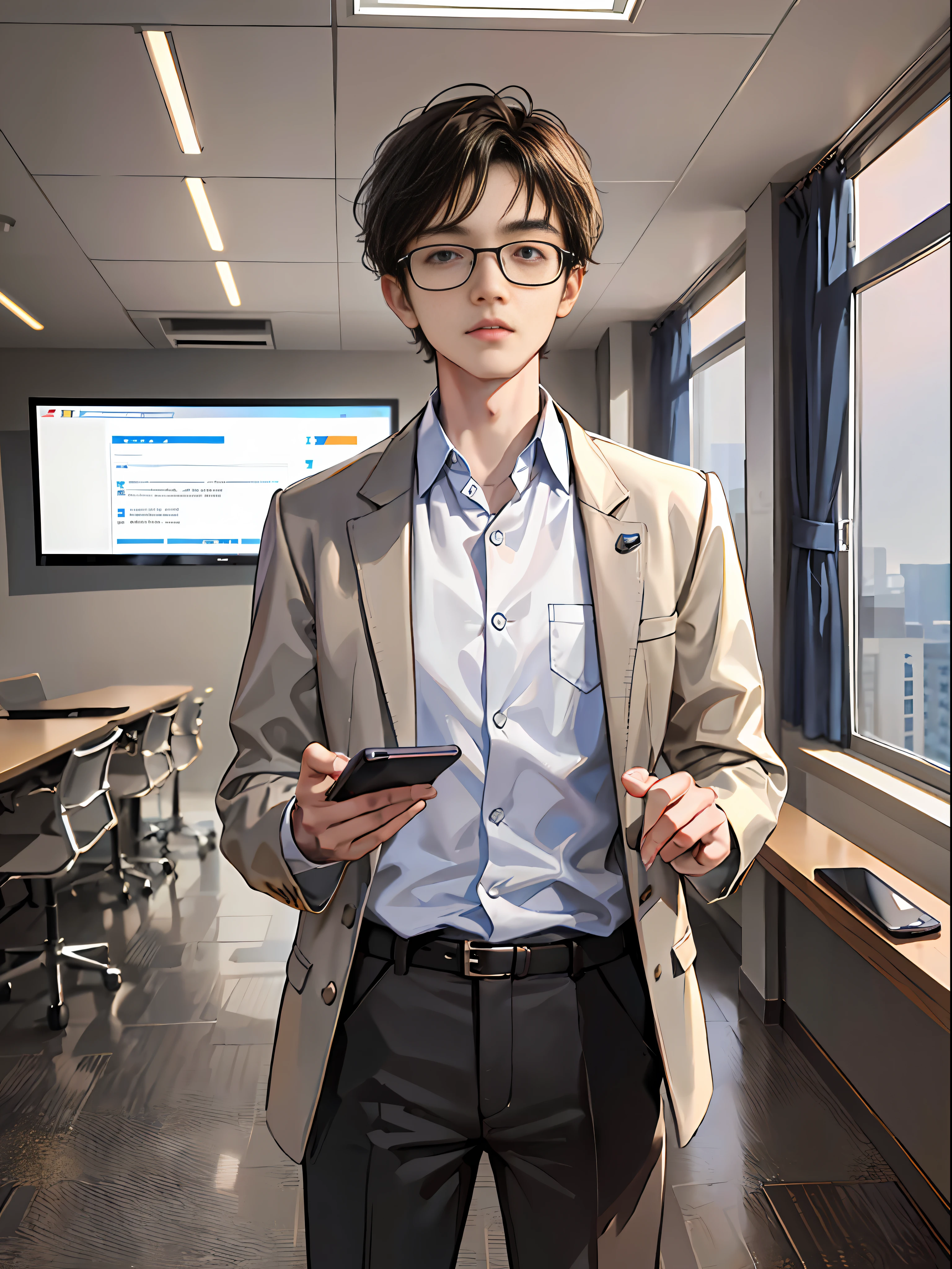 (A young man standing in a conference room with a cell phone: 1.9) (looking at a cell phone: 1.8) (a serious and concerned expression on a student's face: 1.7) (Professional and formal atmosphere in the conference room: 1.8) (Potential significance of an ongoing meeting or discussion: 1.7)