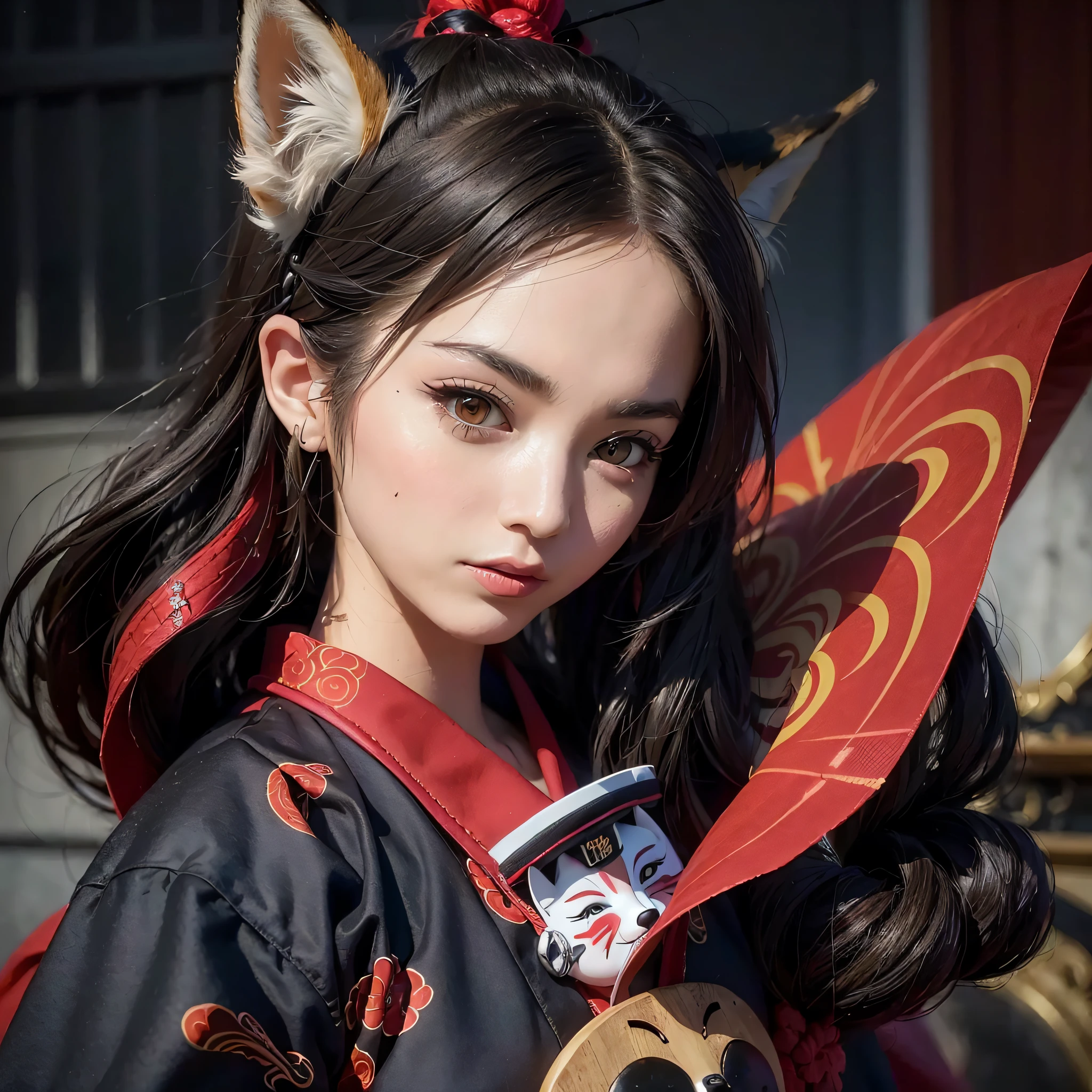 (Highly Detailed Face, Highly Detailed Eyes and Face),(3women:1.3), (with fox mask:1.2), dynamic angle, red and black, kimono, goth loli, photorealism, vivid, splash art,sense of depth,