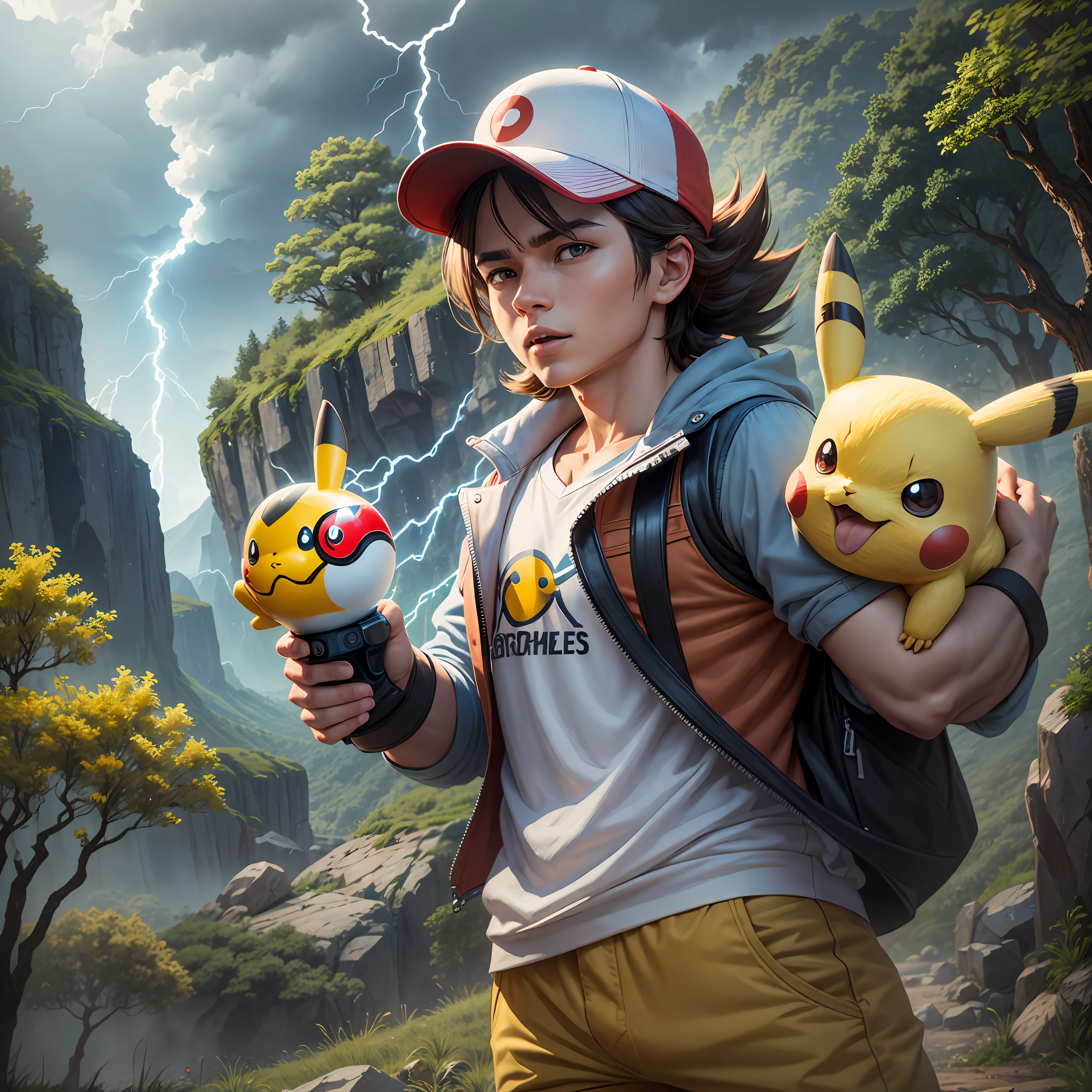 Ash holding the pokéball, Pikachu using the shock of thunder, realistic natural landscape in the background --auto --s2