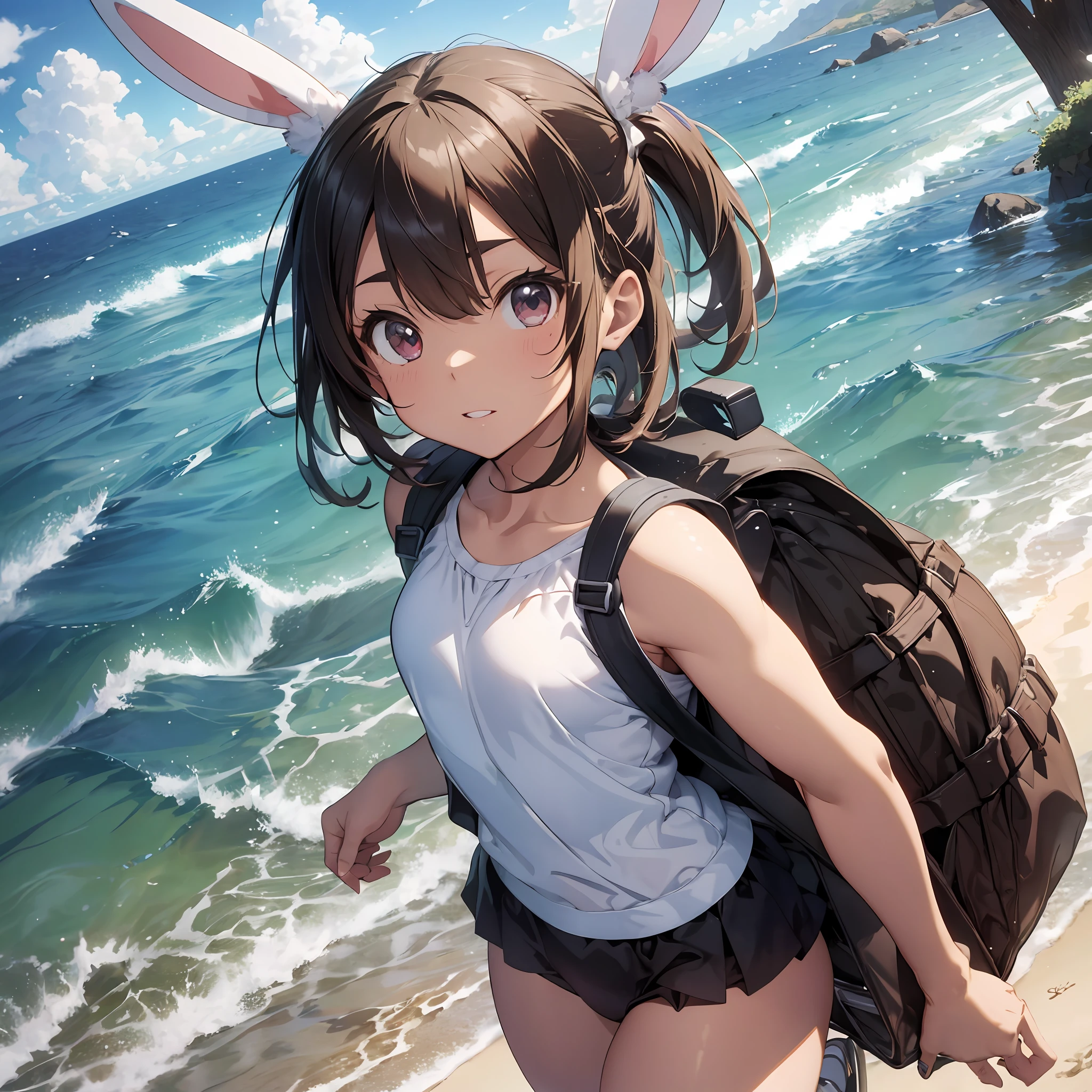 (Shopping Cart Ride: 1.2), Sea, Sand, School Swimsuit, Thick Eyebrows, (Huge Backpack: 1.5), (Dark Skin: 1.3), Brown Skin, Movie Lighting, Small, Rabbit Ears, (Masterpiece), ((Best Quality)), (Super Detailed), Glossy Skin, Full Body Anime Girl, Clean and Detailed Anime Face, High Resolution Anime Eyes, Five Fingers, Textile Shading, Perfect Human Structure, perfect ???????,