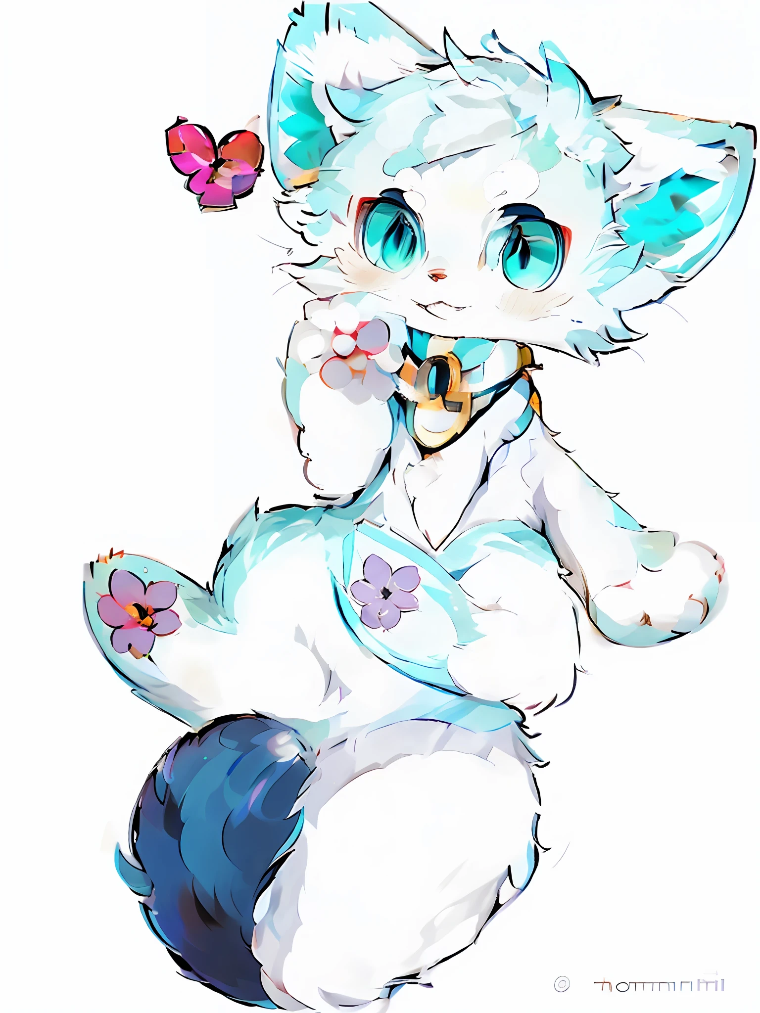 drawing a cat with blue eyes and a purple pearl necklace on its chest, Fleurner Art, Professional Furry Painting, Fleur Sona !!, Male Flsona, Furry Fleurna, Fleur Sona Committee, Fursona Furry Art Council, Hibiscus, Furry Art!, Male Furry Mini Cute Style, Flafiniti Fleursona, Lores, Cute Anthropomorphic Cat, Light Blue Fur, Furry!!, Surreal, Colorful, Cat Meat Mat!! Furry!!! Hands and feet with drawings