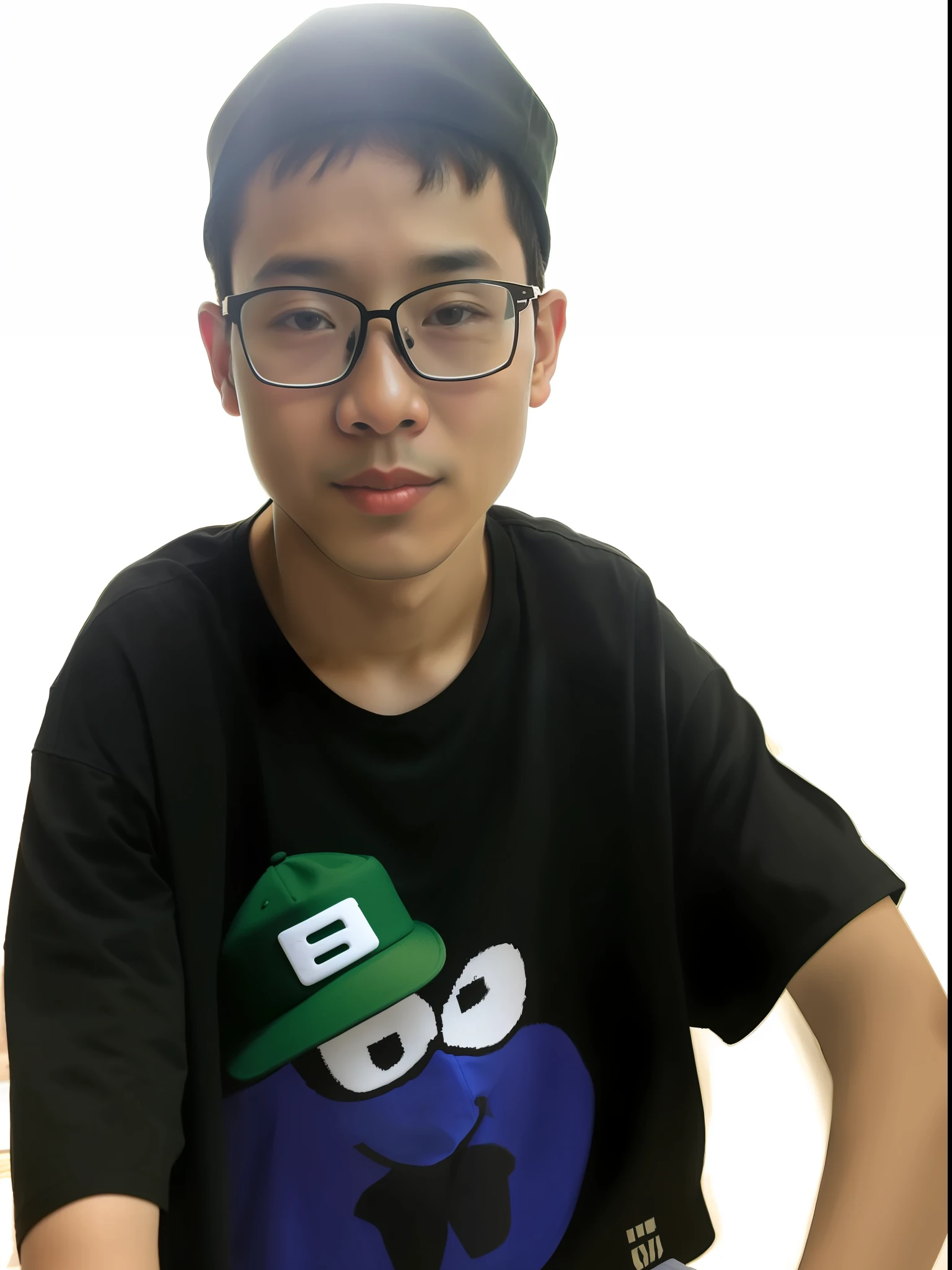 arafed boy wearing a black shirt with a green hat and glasses, very very low quality picture, xintong chen, wenjun lin, qifeng lin, huifeng huang, qichao wang, yihao ren, jinyiwei, liang xing, li zixin, xision wu, wei wang, zeng fanzh, zhelong xu