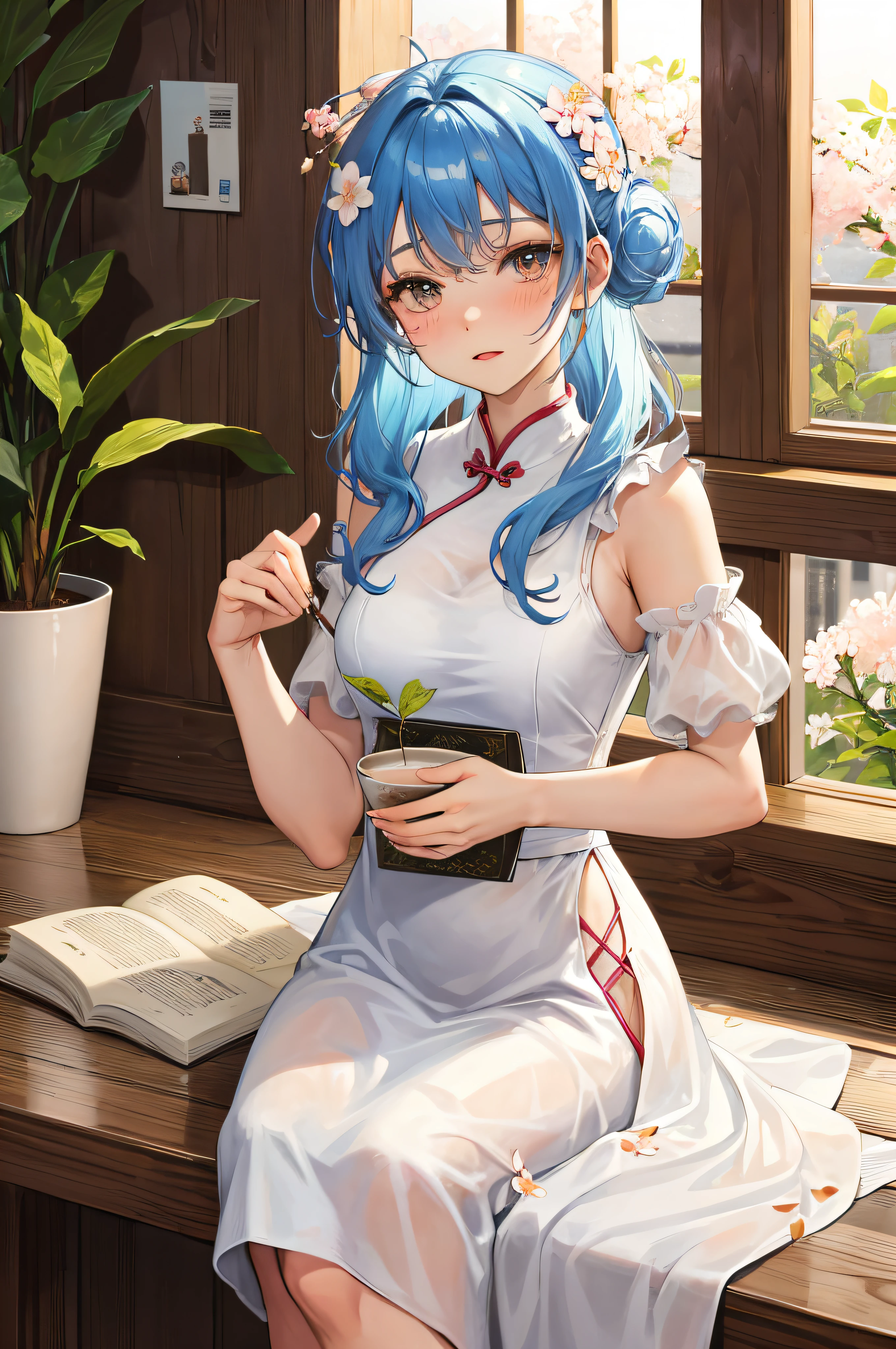 girl, coffee, café, table, messy buns, straw, sunlight, window, comfort, tranquility, flowers, aesthetics, soft, life slice, relax, morning, leisure, tranquility, warm atmosphere, steam, peace, daydream, aromatic, latte art, book, potted plant, cherry blossom, blush, contemplative, gentle, sophisticated, whimsical, blue hair, cheongsam, wavy pattern