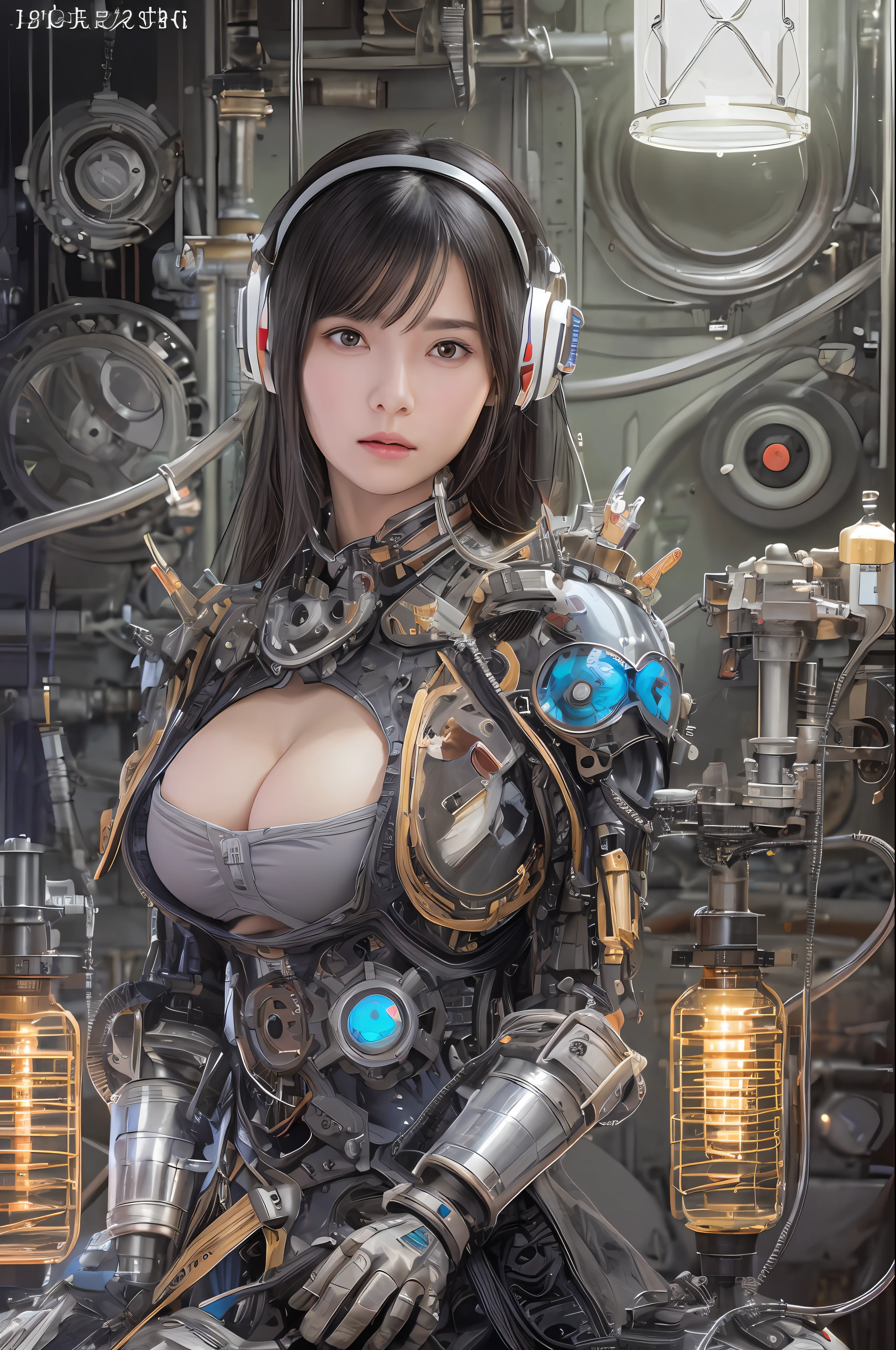 Top Quality, Masterpiece, Ultra High Resolution, (Photorealistic: 1.4), Raw Photo, 1 Girl, Black Hair, Glossy Skin, 1 Mechanical Girl, (Ultra Realistic Details)), Portrait, Global Illumination, Shadows, Octane Rendering, 8K, Ultra Sharp, Big, Cleavage Exposed Raw Skin, Metal, Detail of Intricate Ornaments, steampunk details, vacuum tubes, nixie tubes, oil pressure gauges, glass tubes, analog meters, gears, gears, hydraulic cylinders, very intricate details, realistic light, CGSoation trends, purple eyes, glowing eyes, facing the camera, neon details, mechanical limbs, blood vessels connected to tubes, mechanical vertebrae attached to the back, mechanical cervical attachment to the neck, sitting, wires and cables connecting to the head, Gundam, small LED lamps,