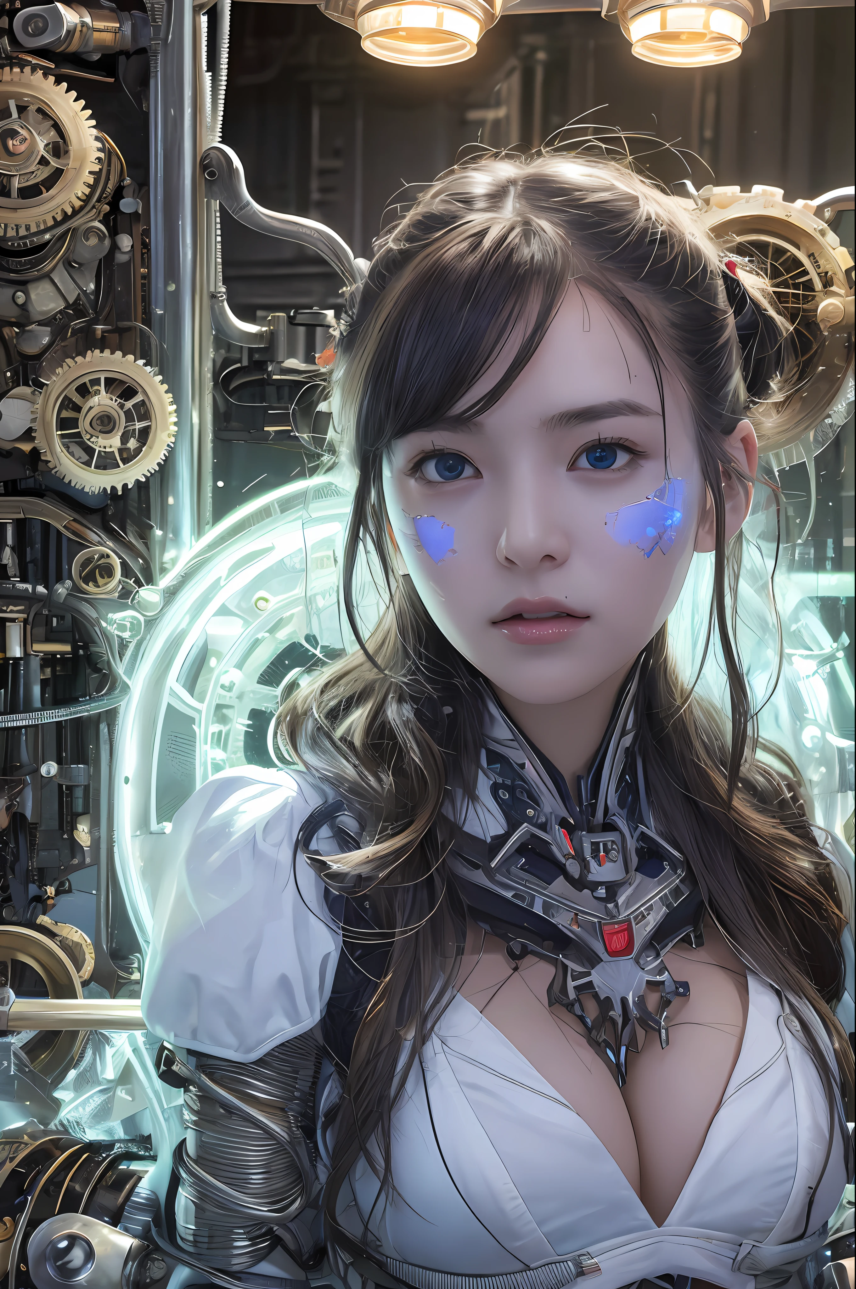 Top Quality, Masterpiece, Ultra High Resolution, (Photorealistic: 1.4), Raw Photo, 1 Girl, Black Hair, Glossy Skin, 1 Mechanical Girl, (Ultra Realistic Details)), Portrait, Global Illumination, Shadows, Octane Rendering, 8K, Ultra Sharp, Big, Cleavage Exposed Raw Skin, Metal, Detail of Intricate Ornaments, steampunk details, vacuum tubes, nixie tubes, oil pressure gauges, glass tubes, analog meters, gears, gears, hydraulic cylinders, very intricate details, realistic light, CGSoation trends, purple eyes, glowing eyes, facing the camera, neon details, mechanical limbs, blood vessels connected to tubes, mechanical vertebrae attached to the back, mechanical cervical attachment to the neck, sitting, wires and cables connecting to the head, Gundam, small LED lamps,