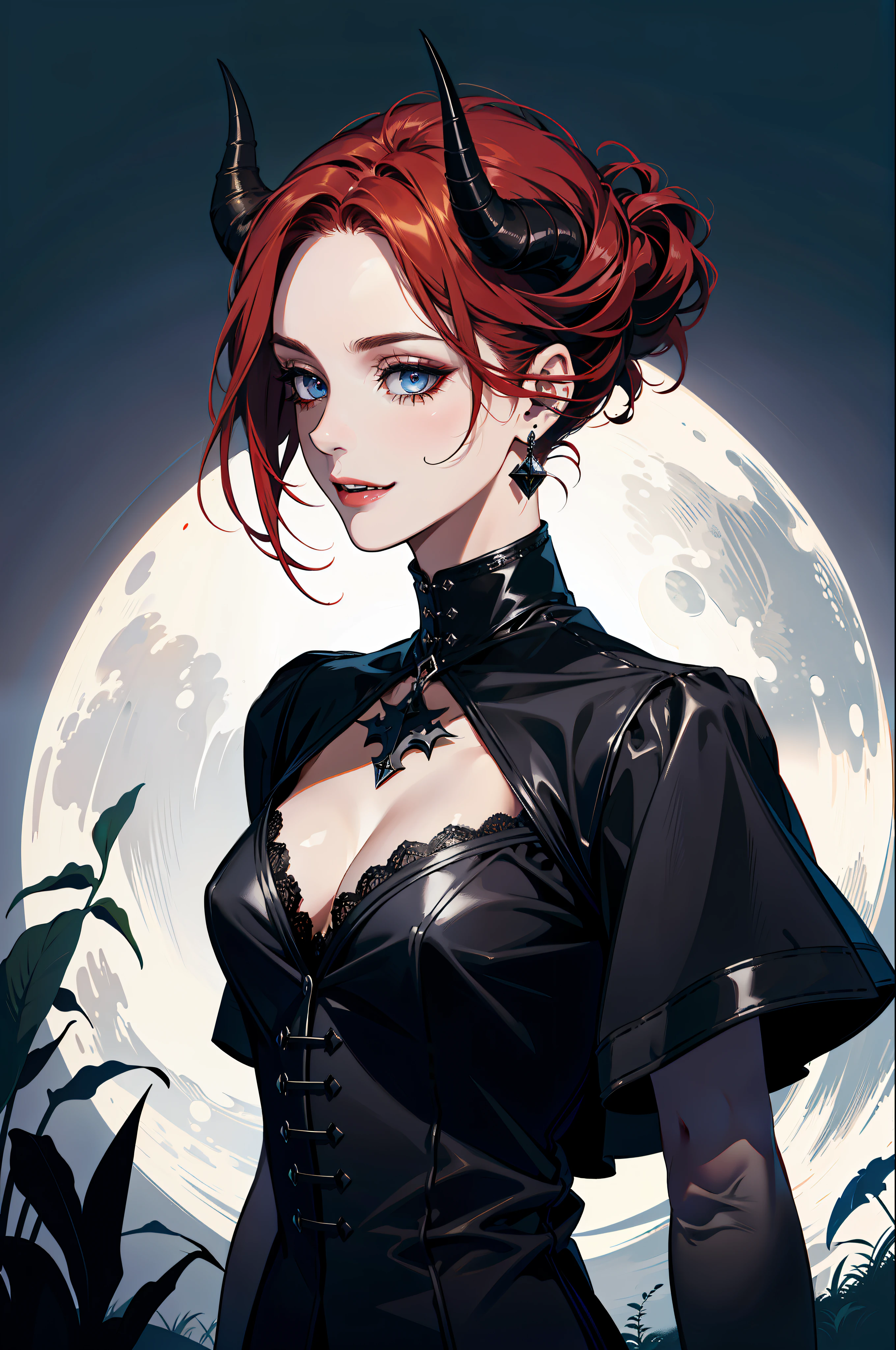 (absurdres, highres, ultra detailed), 1 girl, adult, handsome, tall, broad shoulders, finely detailed eyes and detailed face, black leather clothes, night, smile, dutch angle, short red hair, moon, forest, black horns in his head, silver details, earrings, black chocker, gothic, dark, vampire, black pants, horns, blue eyes, black simple dress
