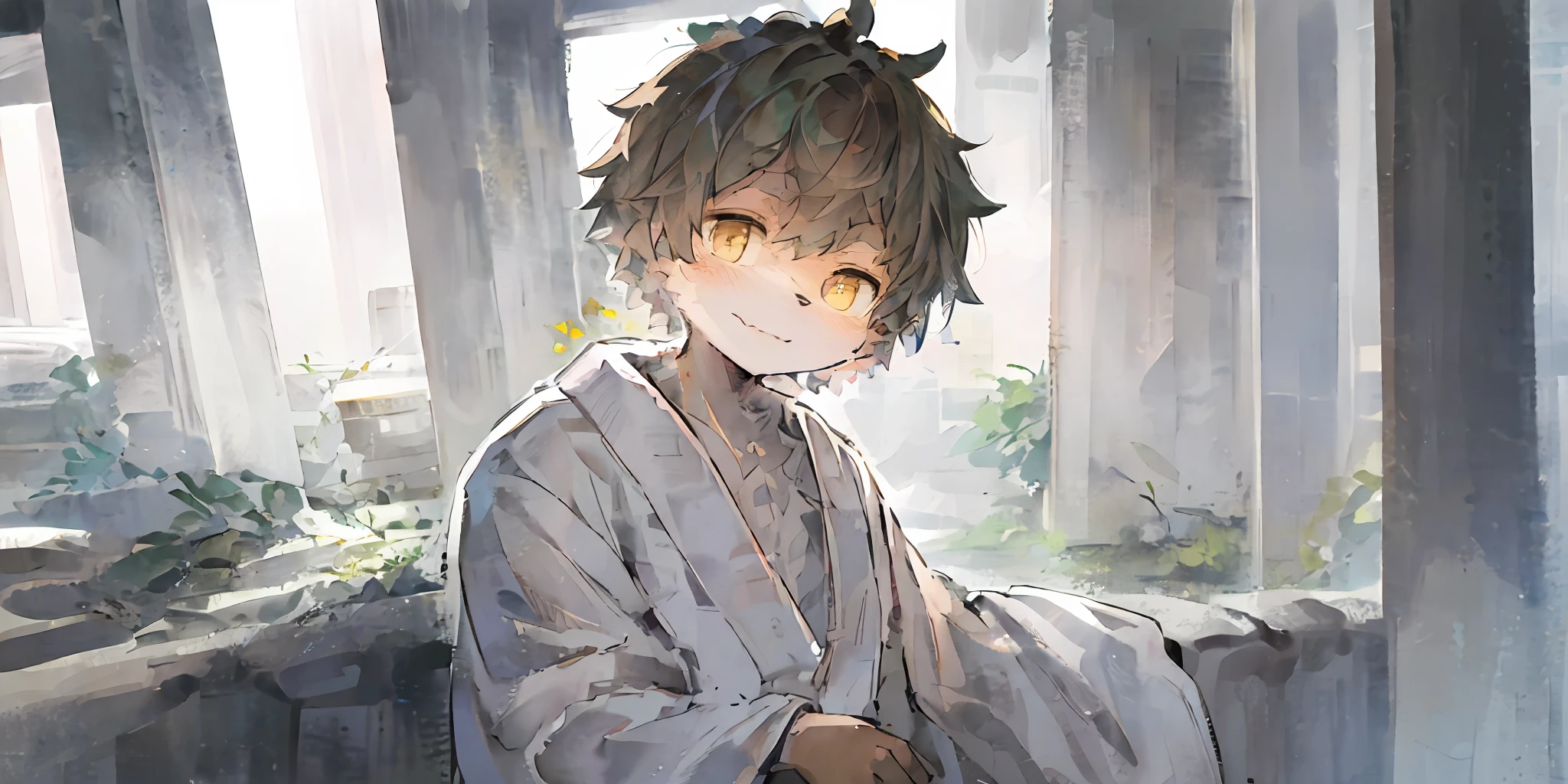 (Bright Environment: 0.8), Masterpiece, High Quality, Abstract Res, Digital Painting\(Artwork\), by Dagasi, Yupa, Kiyosan, (Anthro, Fluffy Fur, Character Focus: 1.1), Anthro Male Cat, Short Hair, Portrait , bright eyes, panorama, character focus. (Detailed background: 0.7), Solo, Furry, Furry male, Male focus, Anthr, (full body fur, fluffy tail, brown-yellow fur, brown-yellow eyes, brown-black hair: 1.2), (long canine, white robe, : 1.2), (interior, daytime, white ruins: 1.1)