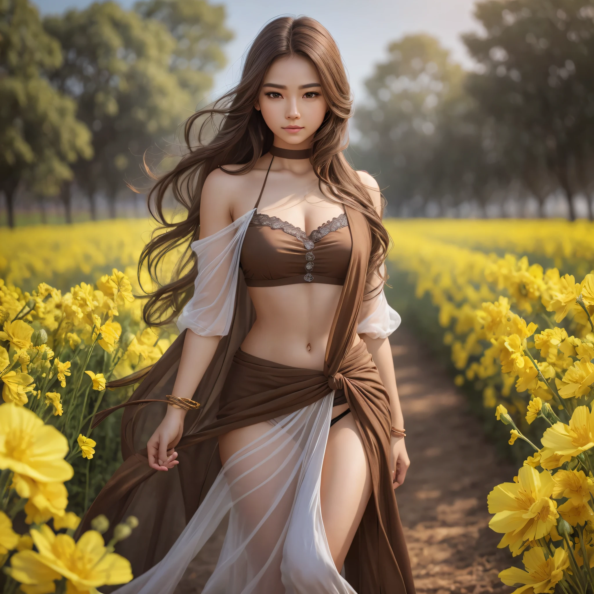 raw photo, standing in front of a sea of rape flowers, top quality, realistic, realistic, very detailed, very detailed and beautiful, professional lighting, face lighting, depth of field, single focus, full body, 20 years old woman, brown hair, brown eyes, small head, fashion girl, beautiful eyes, real face, real skin, real face, realistic skin, detailed eyes, yoga, fashion hairstyle, dynamic pose, viewer, detailed face and chest appearance --auto --s2