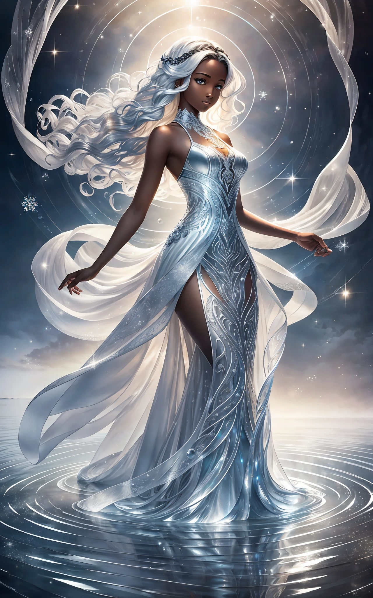 award winning 64k concept art of (black 1girl:1.2) in white majestic open dress standing proudly on the ice, posing, epic, god rays, centered, (masterpiece:1.2), (best quality:1.2), Amazing, highly detailed, beautiful, finely detailed, warm soft color grading, Depth of field, extremely detailed 64k, fine art, stunning, iridescent, shiny, (light reflections:1.2), (crisp:1.5), silver curls, wind, vibrant, sunlit, (edge detection:1.2), absurdres, impressive, 120mm