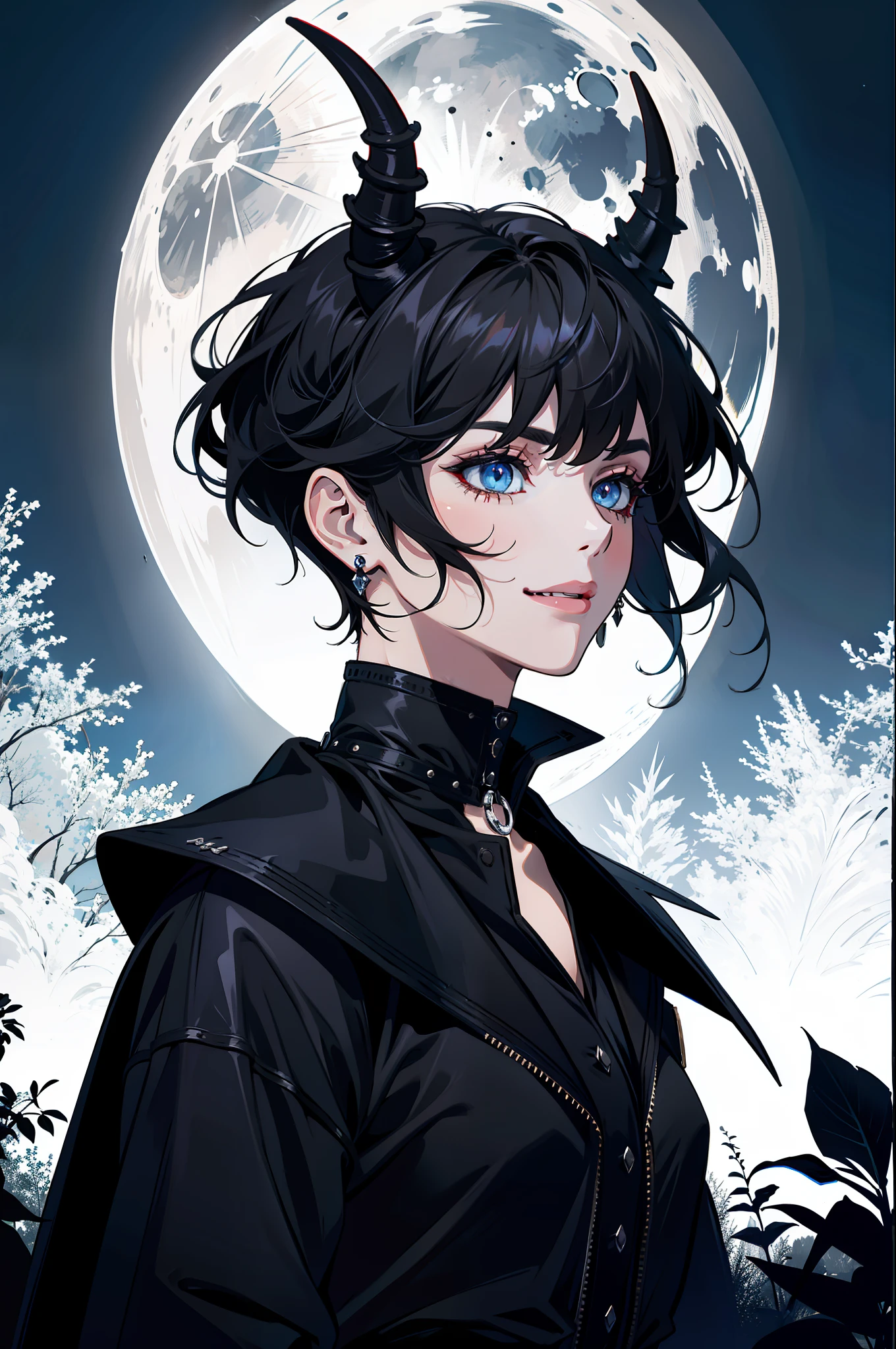 (absurdres, highres, ultra detailed), 1 girl, adult, handsome, tall, broad shoulders, finely detailed eyes and detailed face, black leather clothes, night, smile, dutch angle, short red hair, moon, forest, black horns in his head, silver details, earrings, black chocker, gothic, dark, vampire, black pants, horns, blue eyes, black simple dress, looking at the view