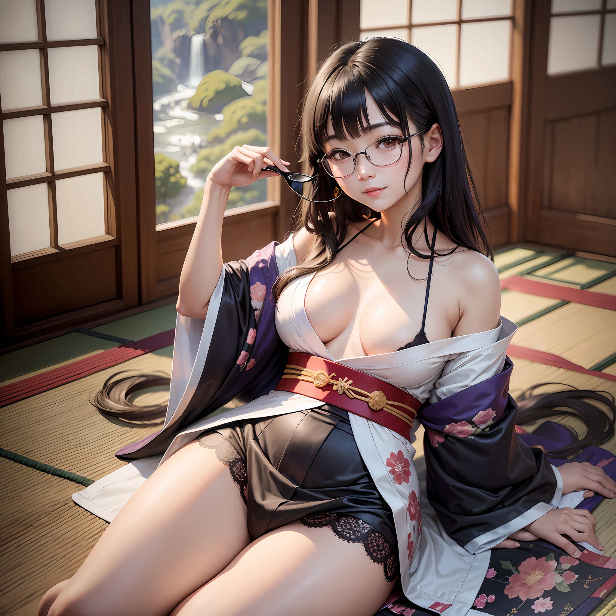 NSFW, 8K Raw Photography, Best Quality, Masterpiece, Ultra HD, Film Grain, filmg, 1girl, Watch Viewer, Natural Skin Texture, Realistic Eye and Face Details,
Japanese. , 1 8 years, 1 person,
Round glasses, occupation is priestess, white kimono, vermilion hakama, wearing white tabi socks,
, Akiko Takase, Kazue Kato, , Aya Takano, Etsuko Miura, Gengee, Tsugumi Oba, Chiho, Rinko Kawaichi, Takeyuki Kanda,
Height 158 cm, weight 53 kg, bust 83 cm (D cup), waist 61 cm, hips 86 cm, simple priestess,
smooth black hair, bangs,
The place is the main hall of a large shrine in Japan, as an offering to the gods, lying on the floor, black total lace bra, black total lace panties, can be seen from the skinny kimono and hakama, looking at the viewer with a smile from the front, Solo --auto --s2