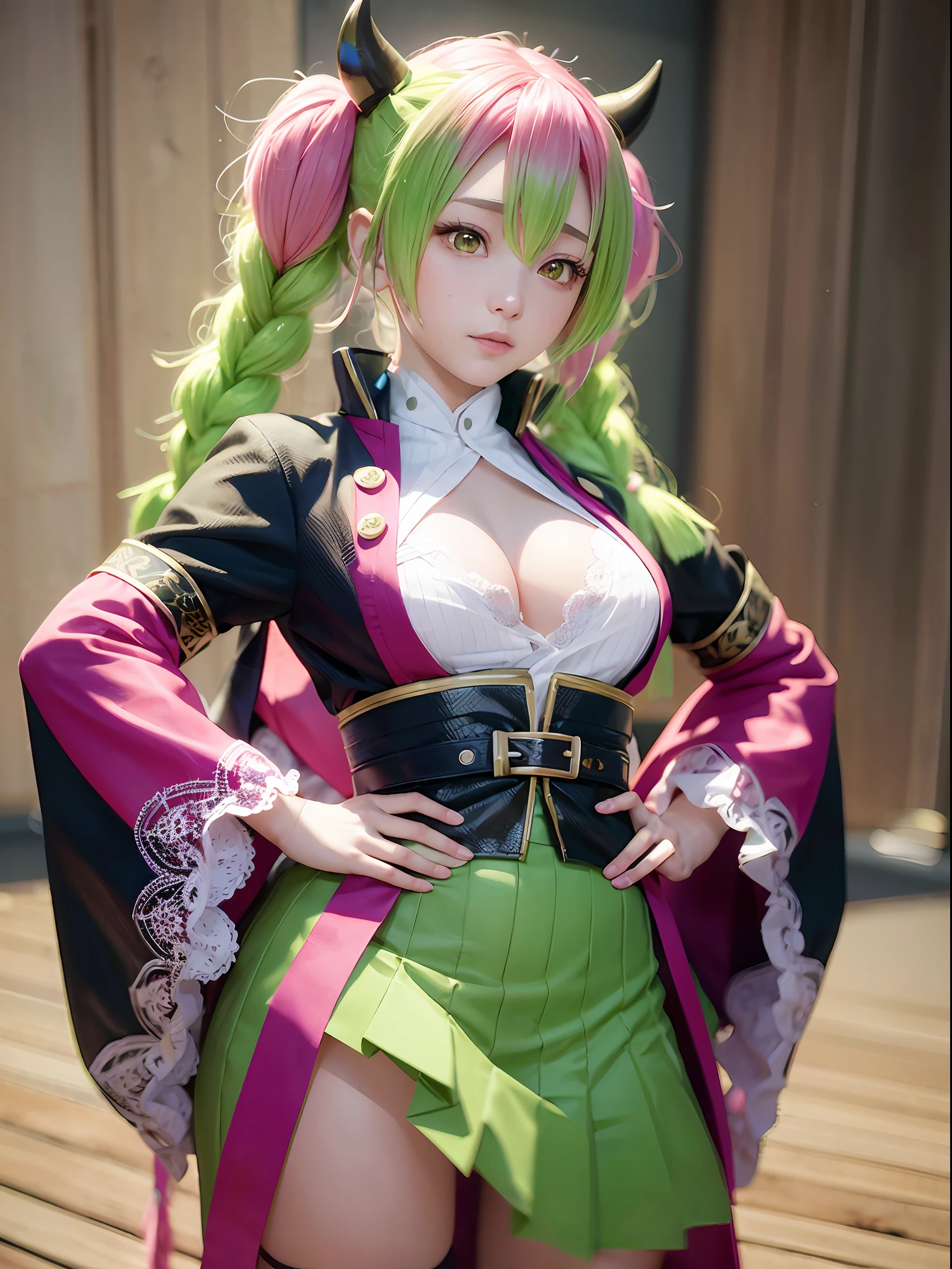 Mitsuri, Demon Slayer, Gradient Hair, greenhair, pinkhair, Braid, Lace Clothes, Idol Costume, Finger Pointing, Hands on Hips, Realistic, Live-Action, 3d, CG