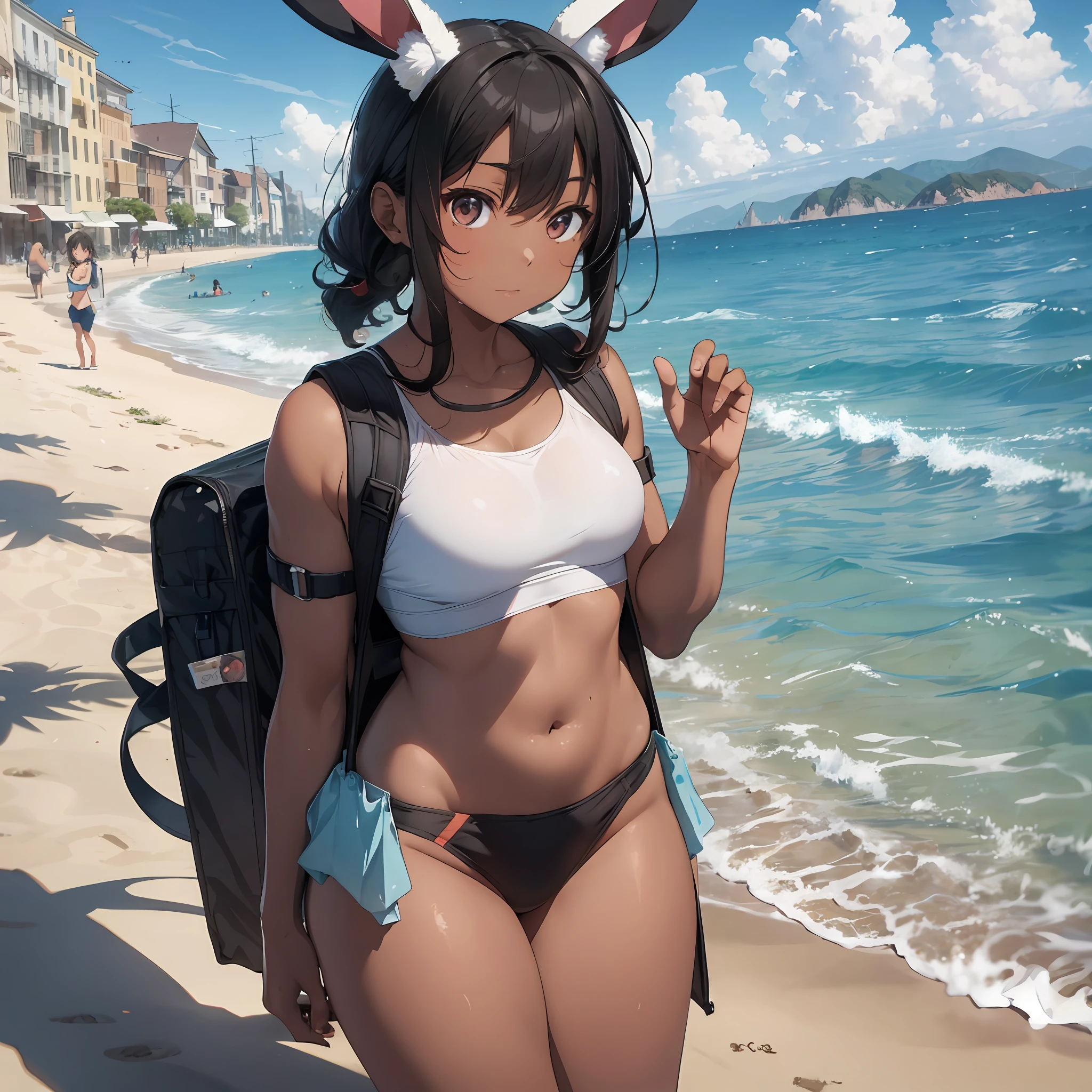 (Shopping Cart Ride: 1.2), Sea, Sand, School Swimsuit, Thick Eyebrows, (Huge Backpack: 1.5), (Dark Skin: 1.3), Brown Skin, Movie Lighting, Small, Rabbit Ears, (Masterpiece), ((Best Quality)), (Super Detailed), Glossy Skin, Full Body Anime Girl, Clean and Detailed Anime Face, High Resolution Anime Eyes, Five Fingers, Textile Shading, Perfect Human Structure, perfect anatomy,