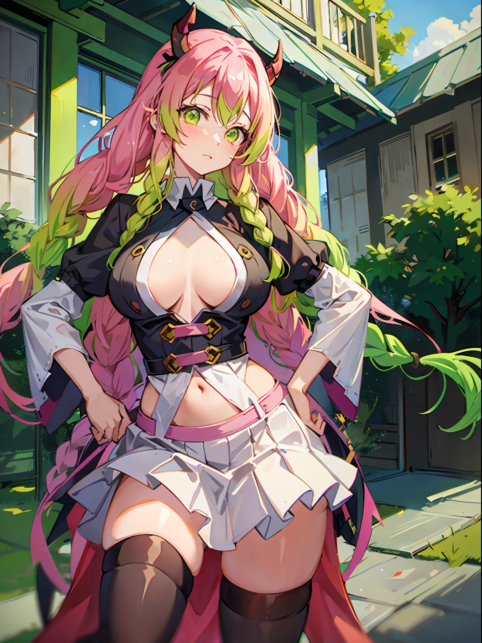 Mitsuri, Demon Slayer, Gradient Hair, greenhair, pinkhair, braid, lace clothes, idol costume, finger pointing, hands on hips, anime, illustration,