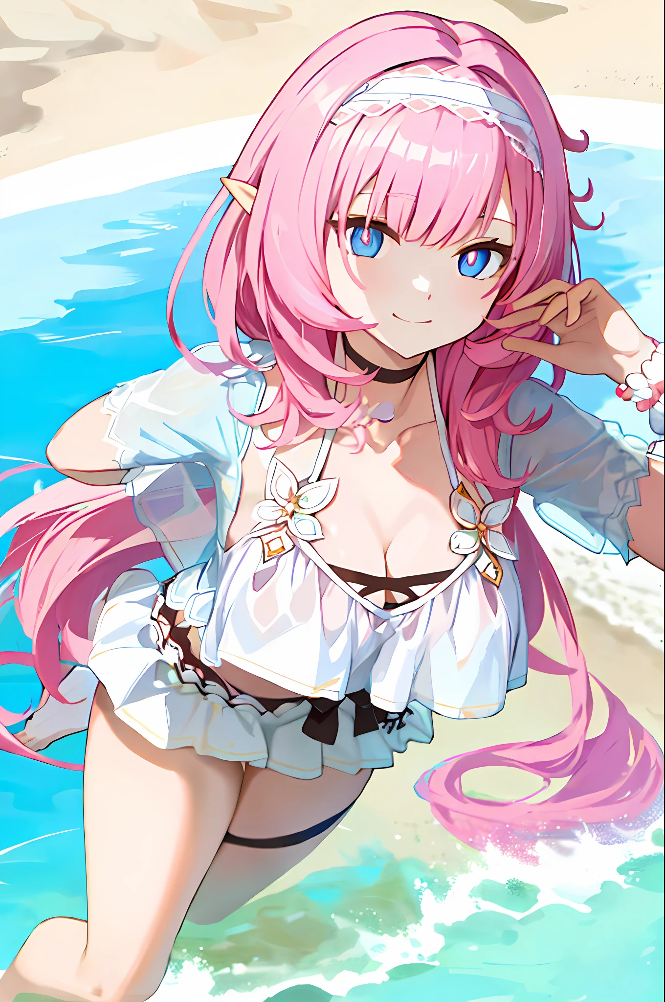 (Realistic painting style:0.9), masterpiece, best quality, absurdres, elysia (summer miss elf) (honkai impact), (slit pupils, pink pupils:1.2), elysia (honkai impact), elf, pointy ears, 1girl, solo, pink hair, long hair, swimsuit, blue eyes, breasts, looking at viewer, sky, outdoors, cleavage, bangs, smile, bikini, blue sky, closed mouth, beach, cloud, white bikini, cloudy sky, ocean, large breasts, hairband, day, see-through