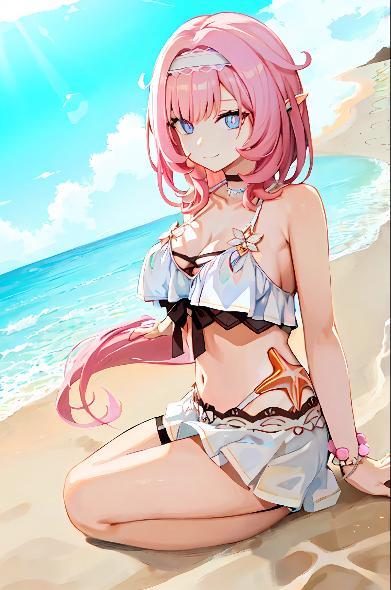 (Realistic painting style:0.9), masterpiece, best quality, absurdres, elysia (summer miss elf) (honkai impact), (slit pupils, pink pupils:1.2), elysia (honkai impact), elf, pointy ears, 1girl, solo, pink hair, long hair, swimsuit, blue eyes, breasts, looking at viewer, sky, outdoors, cleavage, bangs, smile, bikini, blue sky, closed mouth, beach, cloud, white bikini, cloudy sky, ocean, large breasts, hairband, day, see-through