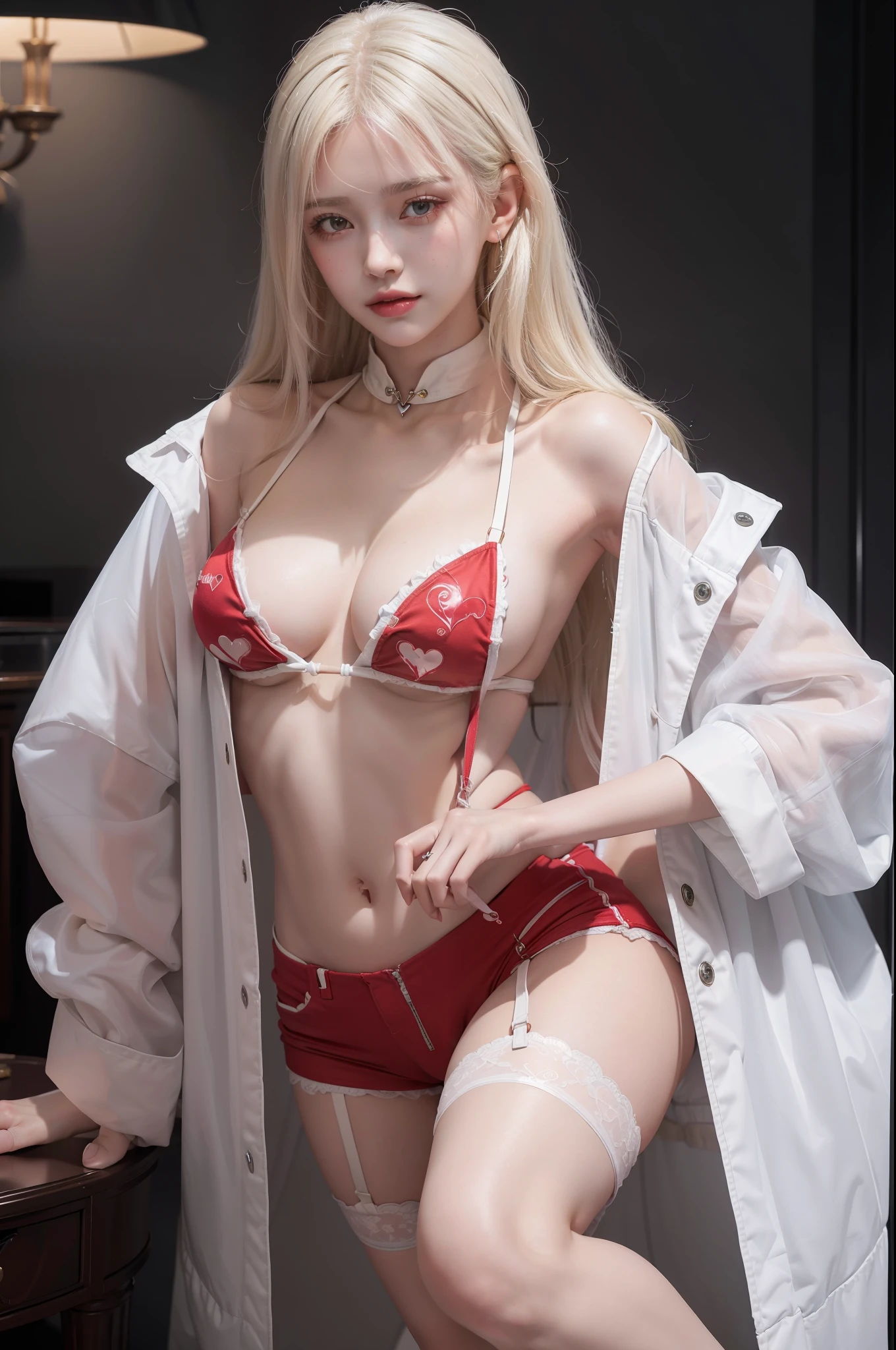 1 Girl, Solo, Displacement, Clear Raincoat, White Hair, Red Eyes, (Southern Half Chest: 1.3), Southern Hemisphere, Open Clothes, Bare Belly Navel, City, Red Vest, White Jacket, Black Shorts, Beautiful, Soft Light, Hand Rubbing Chest, Suspenders, Studies, Bokeh, Red Beam, Beautiful Eyes, Blush, No Makeup, Perfect Face, Golden Ratio, Smoke, (((Masterpiece)), ((Best Quality)), Super Quality, Official Art, Extremely Detailed CG Unity 8k wallpaper, Highly detailed, (super fine illustration), high resolution, (super detailed), detailed face, perfect face, perfect eyes, (extremely delicate and beautiful), stunning art, beautiful, high resolution, fine fabric emphasis, HD, 1 girl, solo, full body, (lower chest), (knee bent), (idol), platinum blonde, (heart in the eyes), (white knee thigh), transparent jacket, sticker,