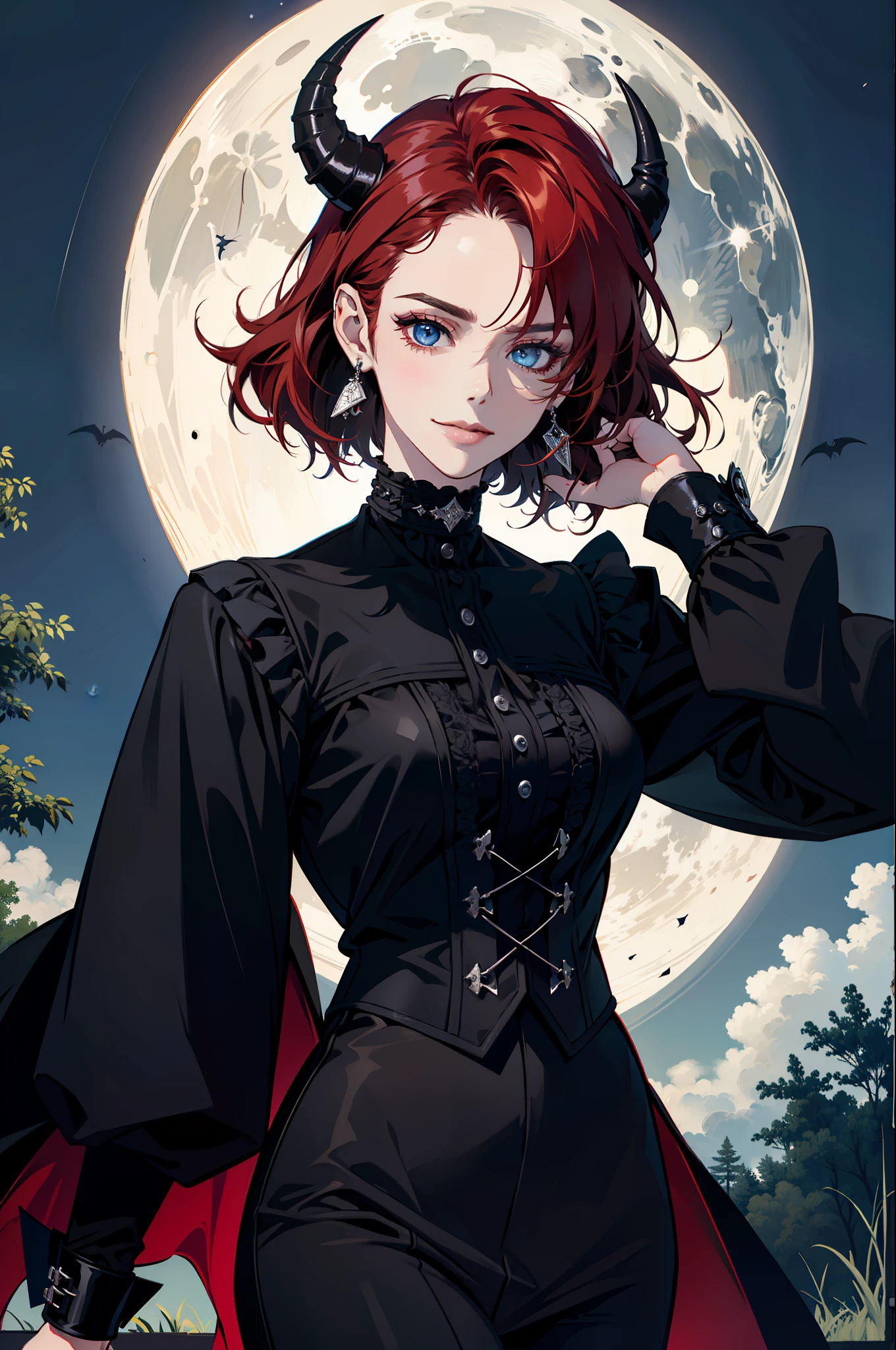 (absurdres, highres, ultra detailed), 1 girl, adult, handsome, tall, broad shoulders, finely detailed eyes and detailed face, black leather clothes, night, smile, dutch angle, short red hair, moon, forest, black horns in his head, silver details, earrings, black chocker, gothic, dark, vampire, black pants, horns, blue eyes, black simple dress, looking at the view