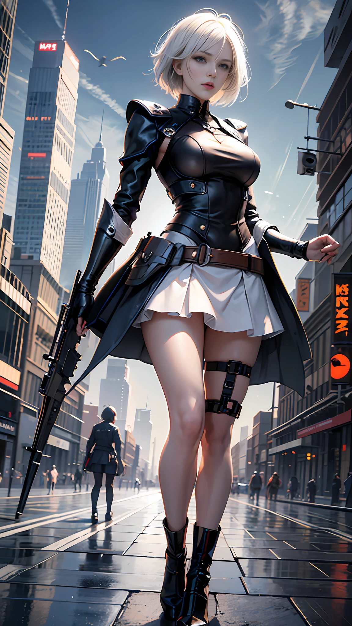 (Masterpiece), (Best Quality), Realism, Cinematic Light, Cool Pose, Battlefield Background, Perfect Figure, White Eyes, Short White Hair, Full Body, Long Legs, Miniskirt, High Heels