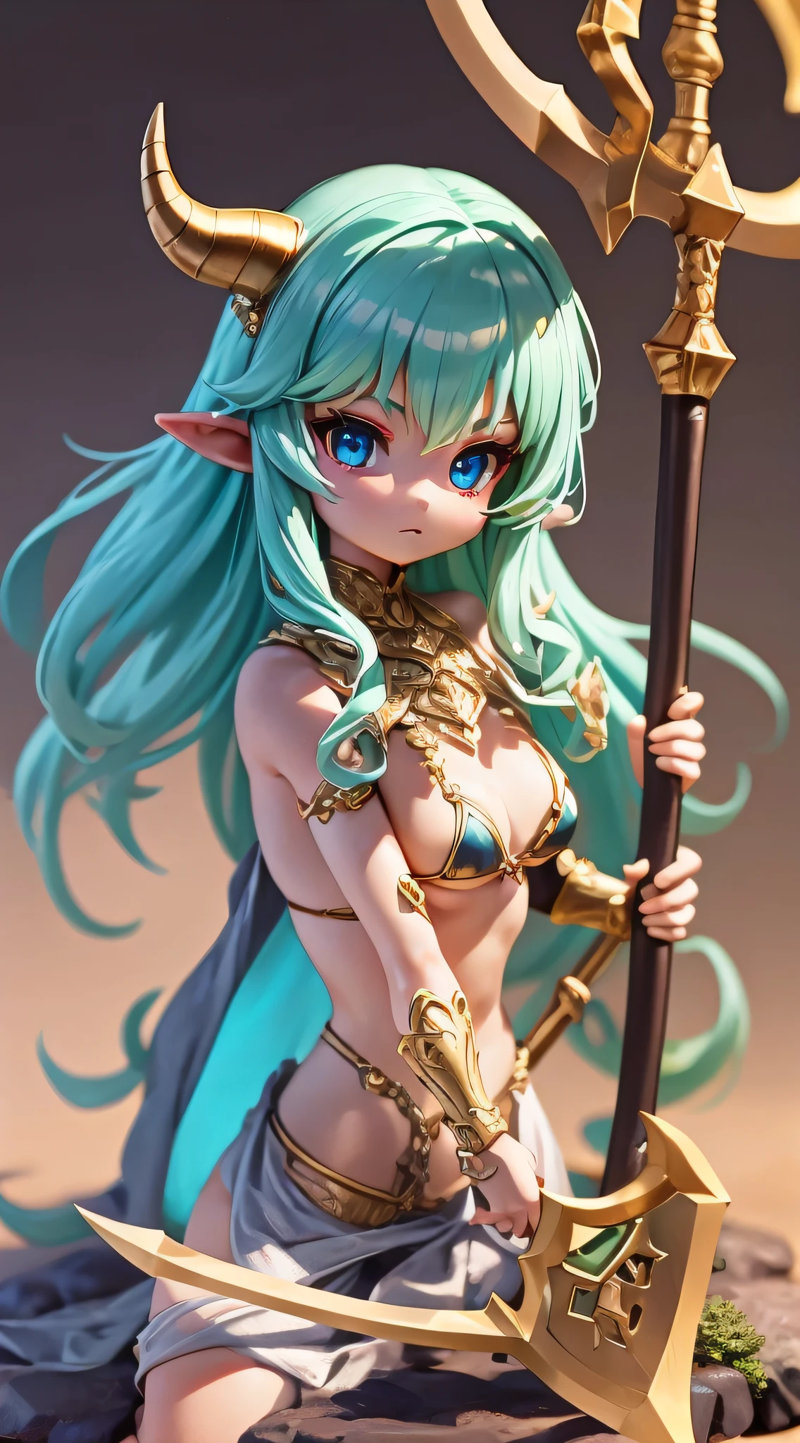 Close-up of the statue of a woman with dragon horns, battle axe, masterpiece, top quality, ultra high definition, highest resolution, very detailed, professional lighting, clean skin, bikini armor, slender, very cute, young face, slightly smaller breasts, 1girl, girl, long hair