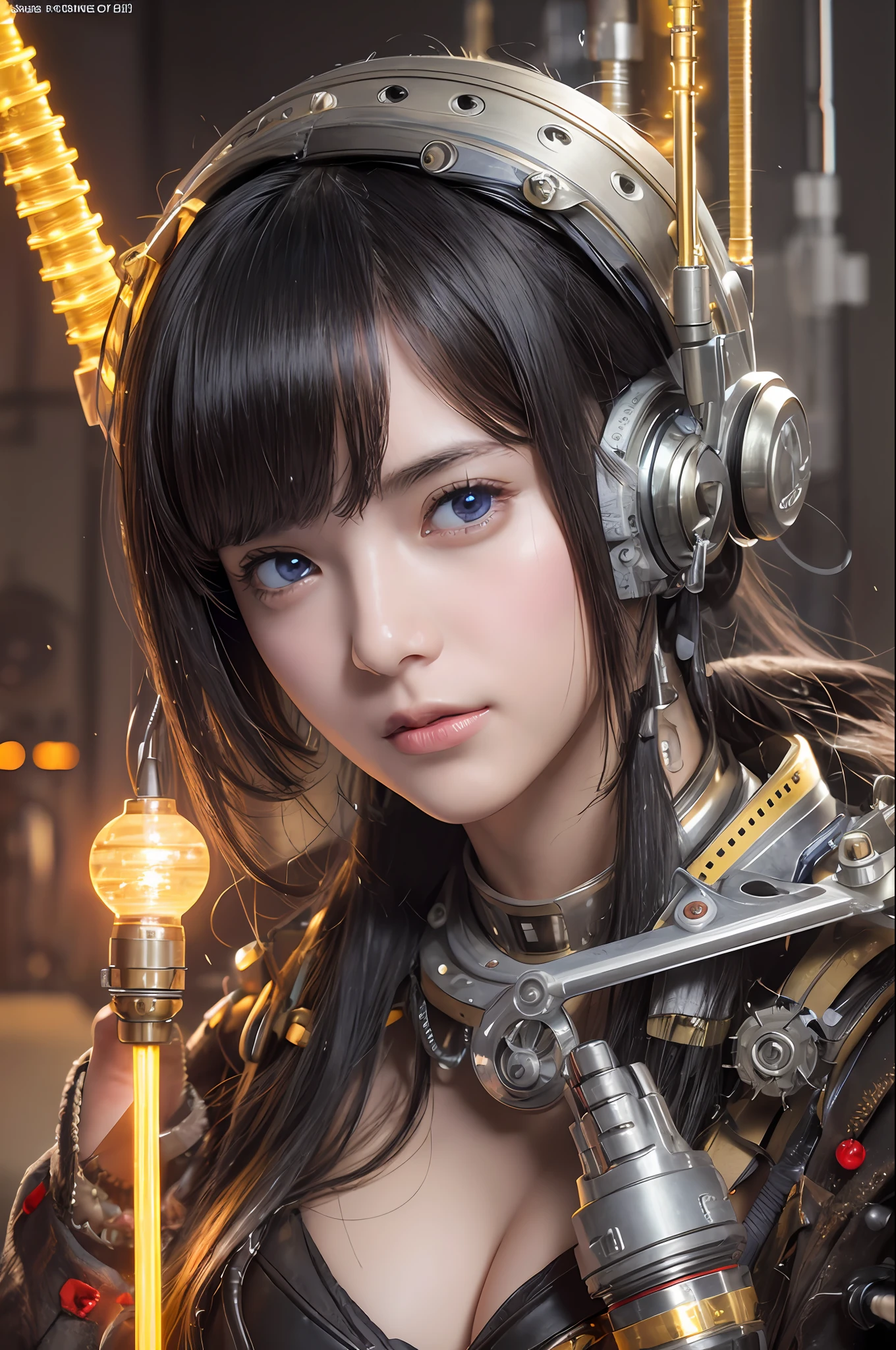 Top Quality, Masterpiece, Ultra High Resolution, (Photorealistic: 1.4), Raw Photo, 1 Girl, Black Hair, Glossy Skin, 1 Mechanical Girl, (Ultra Realistic Details)), Portrait, Global Illumination, Shadows, Octane Rendering, 8K, Ultra Sharp, Big, Cleavage Exposed Raw Skin, Metal, Detail of Intricate Ornaments, steampunk details, vacuum tubes, nixie tubes, oil pressure gauges, glass tubes, analog meters, gears, gears, golden hydraulic cylinders, very intricate details, realistic light, CGSoation trends, purple eyes, glowing eyes, facing the camera, neon details, mechanical limbs, blood vessels connected to tubes, mechanical vertebrae attached to the back, mechanical cervical attachment to the neck, sitting, wires and cables connecting to the head, Gundam, small LED lamps,