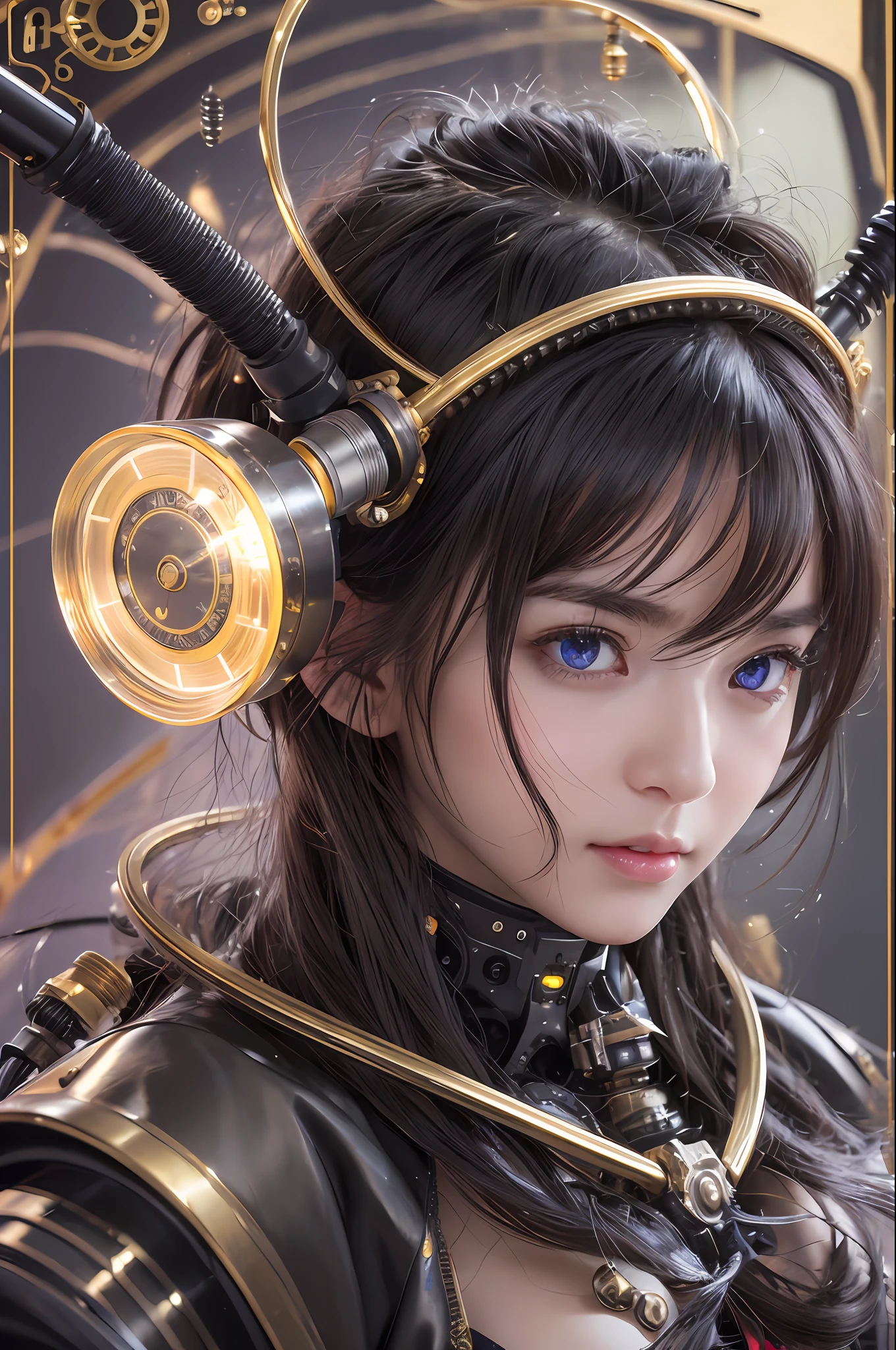 Top Quality, Masterpiece, Ultra High Resolution, (Photorealistic: 1.4), Raw Photo, 1 Girl, Black Hair, Glossy Skin, 1 Mechanical Girl, (Ultra Realistic Details)), Portrait, Global Illumination, Shadows, Octane Rendering, 8K, Ultra Sharp, Big, Cleavage Exposed Raw Skin, Metal, Detail of Intricate Ornaments, steampunk details, vacuum tubes, nixie tubes, oil pressure gauges, glass tubes, analog meters, gears, gears, golden hydraulic cylinders, very intricate details, realistic light, CGSoation trends, purple eyes, glowing eyes, facing the camera, neon details, mechanical limbs, blood vessels connected to tubes, mechanical vertebrae attached to the back, mechanical cervical attachment to the neck, sitting, wires and cables connecting to the head, Gundam, small LED lamps,