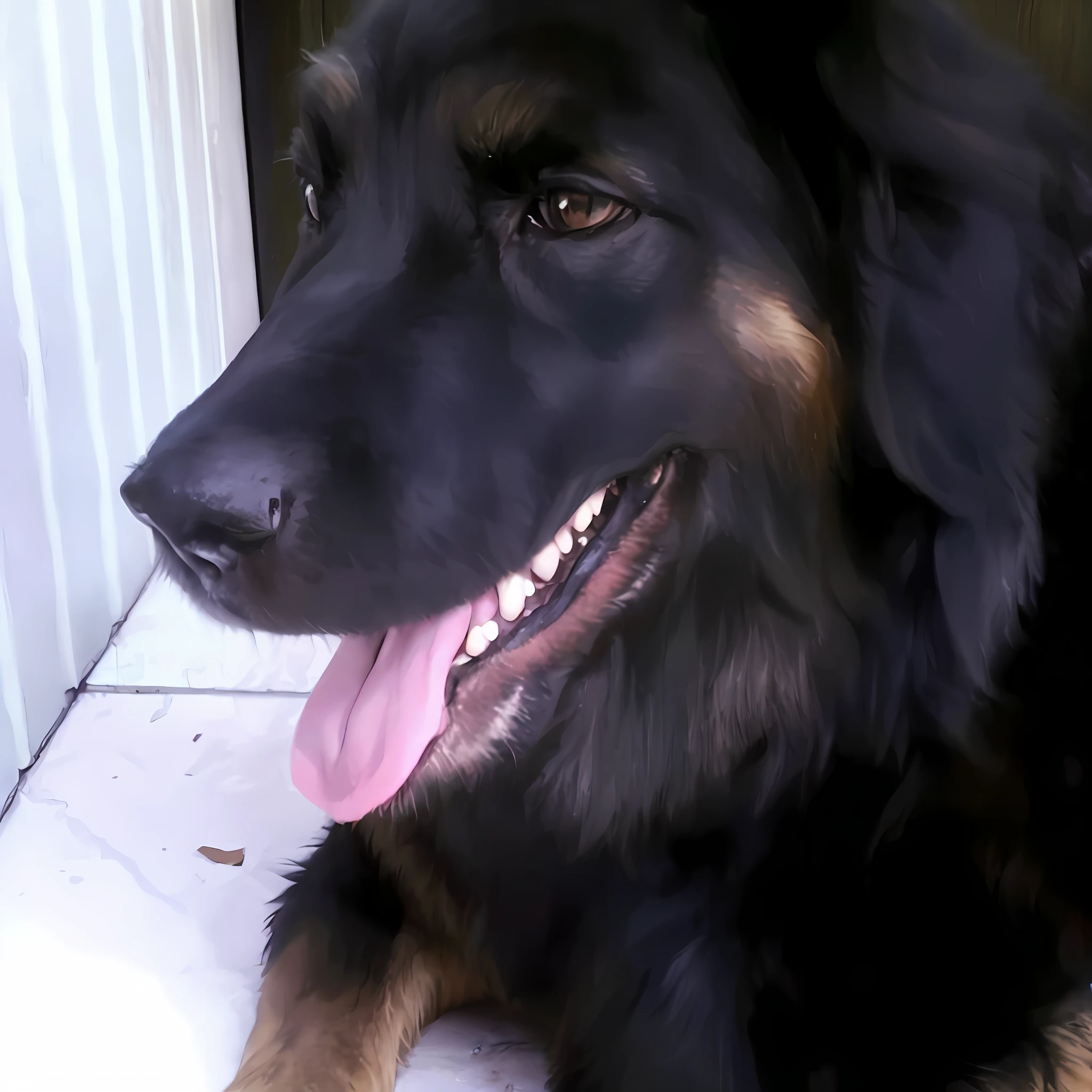 There is a black dog that is lying on the ground, an Afghan male type, Aussie, she is about 1 6 years old, very handsome, 2 years old, extremely handsome, he is about 2 5 years old, beautiful face, a beautiful girl, handsome, sturdy Zeus portrait, handsome face, Diego 5, nice guy, thick, 8k, hyper realistic