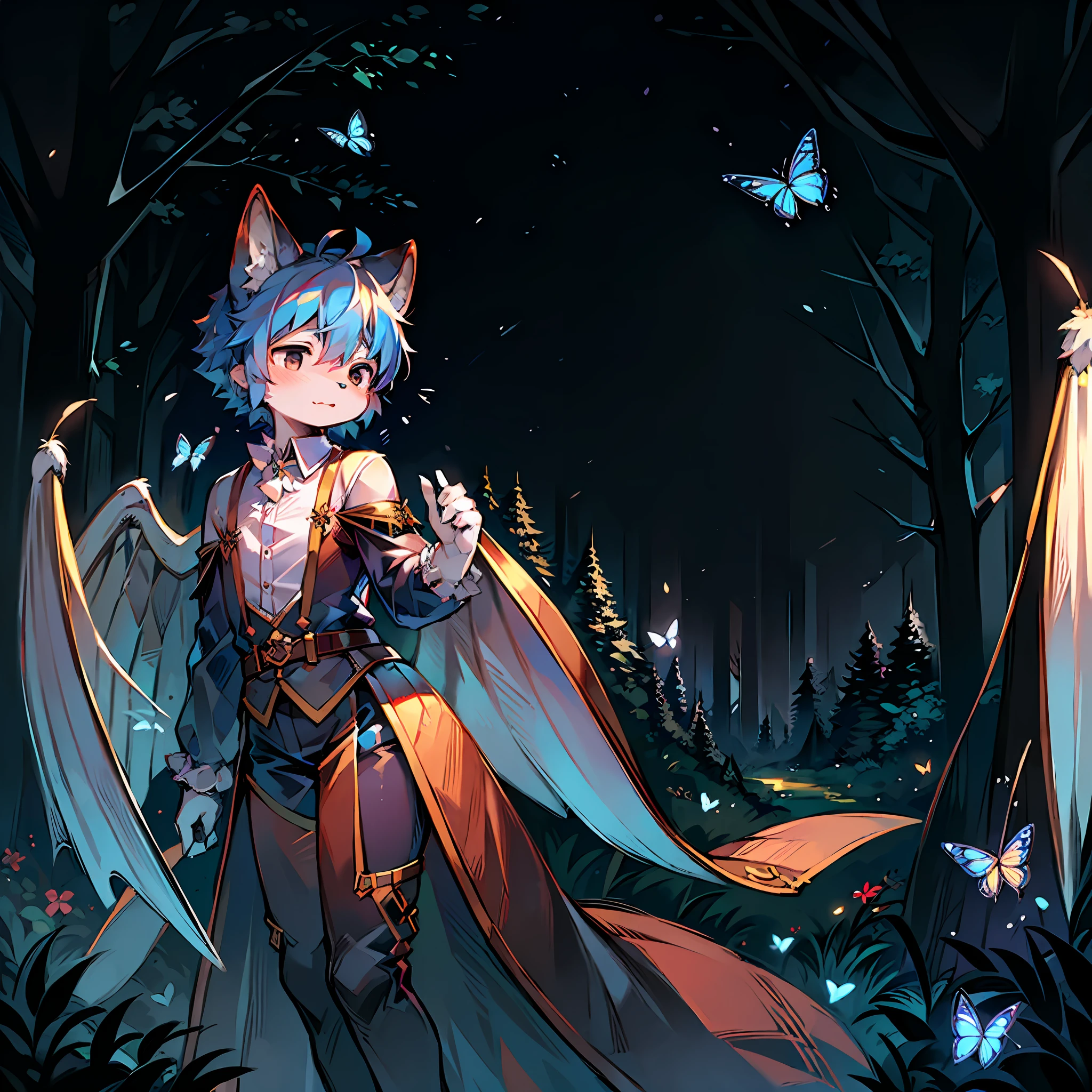 (Dark Environment: 0.8), Masterpiece, High Quality, Abstract Res, Digital Painting\(artwork\), by Dagasi, Yupa, Kiyosan, (Anthro, Fluffy Fur, Character Focus: 0.5), Anthro Male Fox, Butterfly, Short hair, fairy wings, portrait, flying, with butterflies surrounded, bright eyes, panorama, character focus. (Detailed background: 0.7), Solo, Furry, Furry Male, Male Focus, Anthr, (Full body fur, Fluffy tail, Pure white fur, Black eyes, Sky blue hair: 1.2), (Long canine, white top, wings: 1.2), (Wild, Forest, Butterfly, Firefly: 1.5), Junior, Forest background, Butterfly wings, Flying stance, Lots of butterflies around