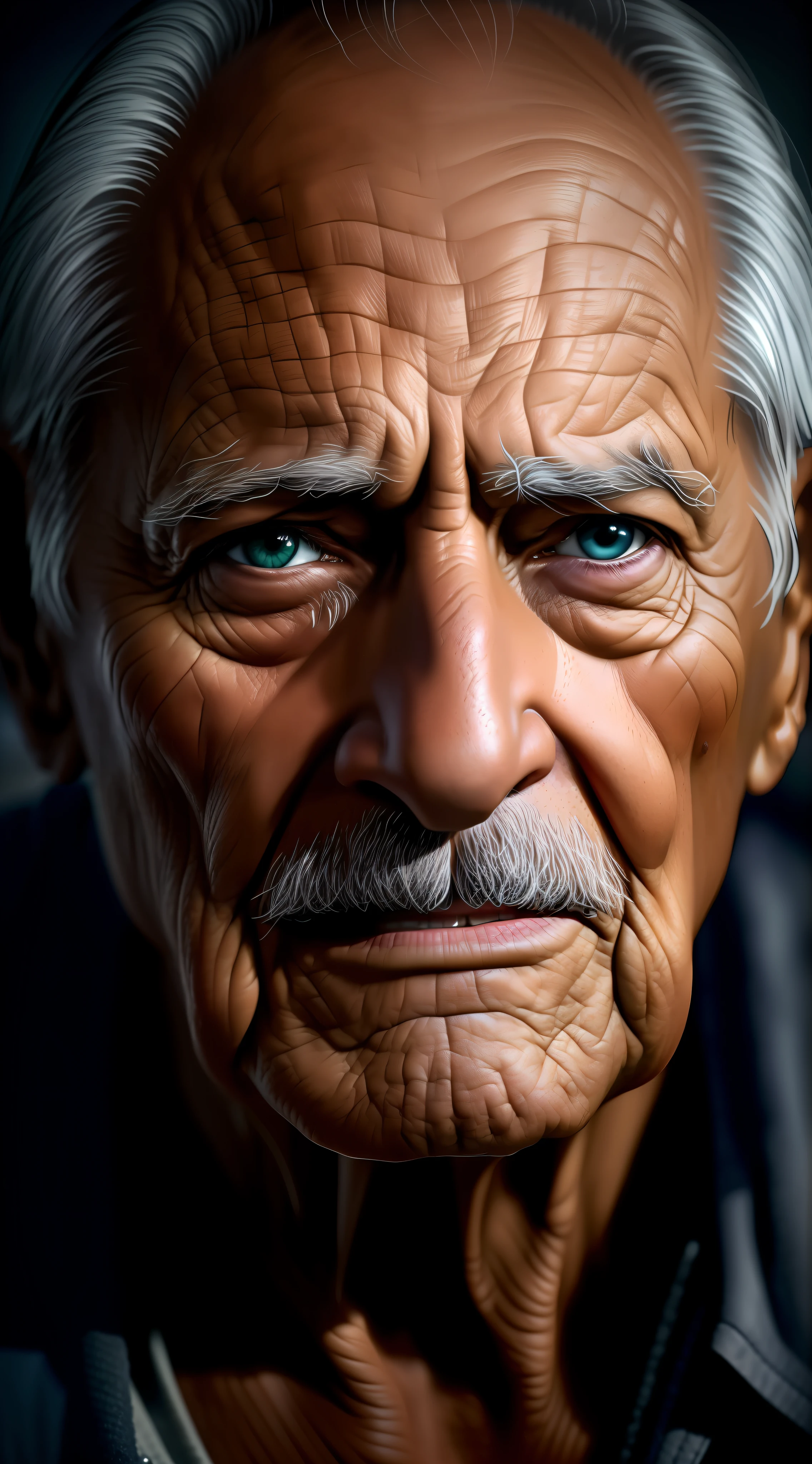 Camera away, (sharp focus:1.2), an award-winning photo of a suffering old man, water drops, tired expression, ninety years old, storm outside, lightning backlighting, , lines on the face, wrinkles, extremely detailed skin, sadness, brown skin, hopelessness, beautiful and bleary eyes, (deep shadows:1.1), high contrast, absurd, 8k, (high quality: 1.3),,  artstation hd, concept art, detailed face and body, award-winning photography, (grumpy lighting:1.2), depth of field, bokeh, 4K, HDR