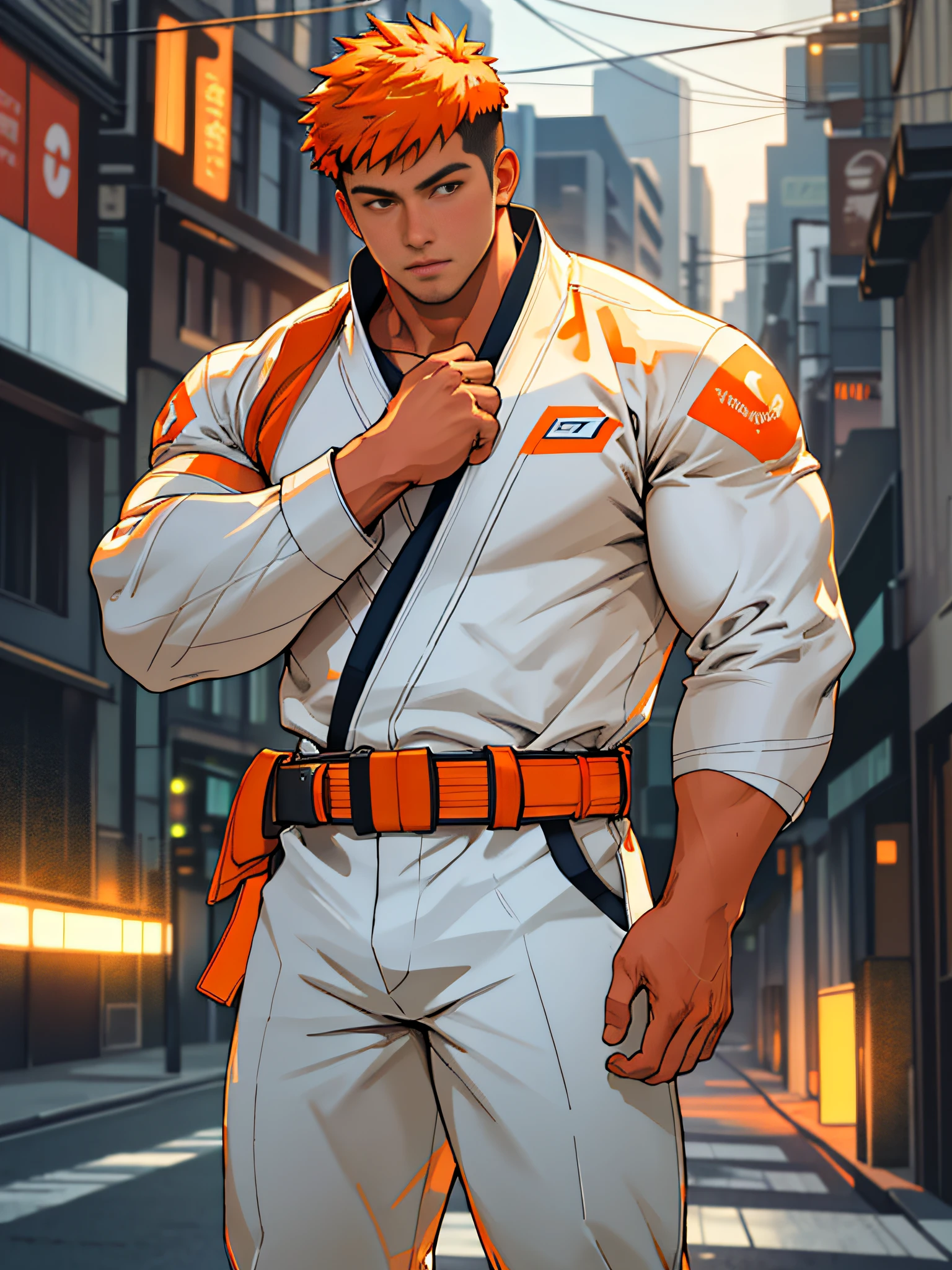 best quality, masterpiece, super high resolution, detailed background, realism, illustrations, single, 1 boy, street, muscle, volumetric lighting, depth of field, facial like the reference, white judo suit, (((orange belt)))!