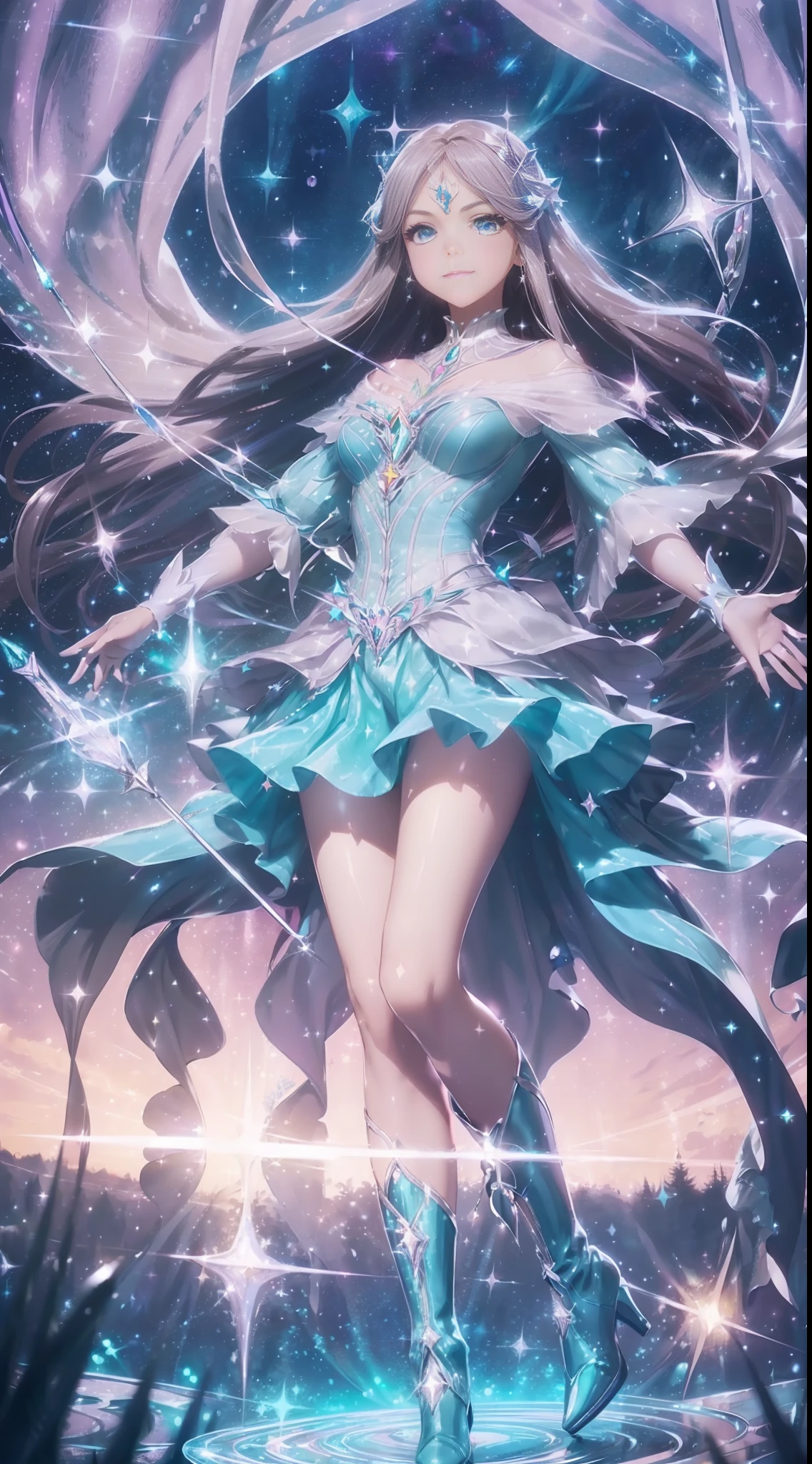 ((magical girl)), ((gorgeous starry sky background)), ((ultra-detailed)), ((best illustration)), ((cinematic lighting)), dynamic angle, floating, finely detailed, (glitter:1.2), (sparkle:1.2), (shine:1.2), classic, (painting:1.1), (sketch:1.1), (best quality), (masterpiece:1.2), (anime style), (solo), beautiful detailed face, (cute face:1.3), (big eyes:1.3), colorful hair, (long hair:1.2), (floating hair:1.2), (magical girl outfit), detailed outfit, (sparkling wand:1.3), (magical effects:1.3), (flowing skirt:1.2), (cute boots:1.1), (transparent fabric:1.1), (twinkle:1.2), (glow:1.2), (radiance:1.2), (flicker:1.2), (dazzle:1.2),ningrongrong