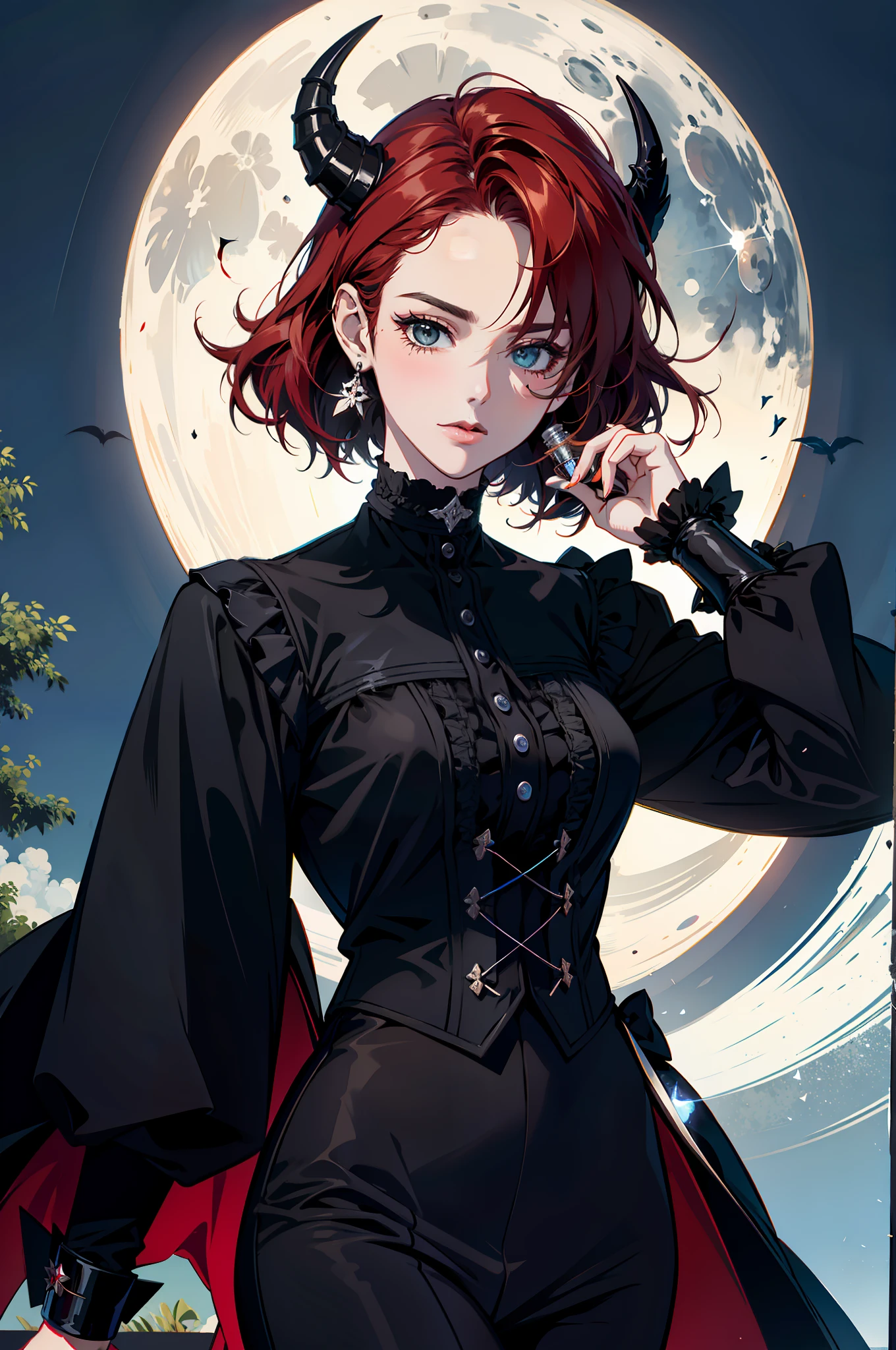 holding love potion in her hand, black dress