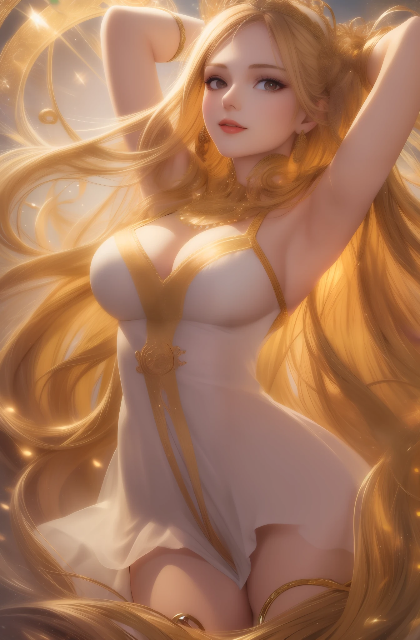 best quality, masterpiece, upper body,
(adult:1.6) hungarian woman, (smirk:0.4), arms behind head,
braided golden hair,
sparkling eyes,
victorian sundress,
floating light particles, centered,