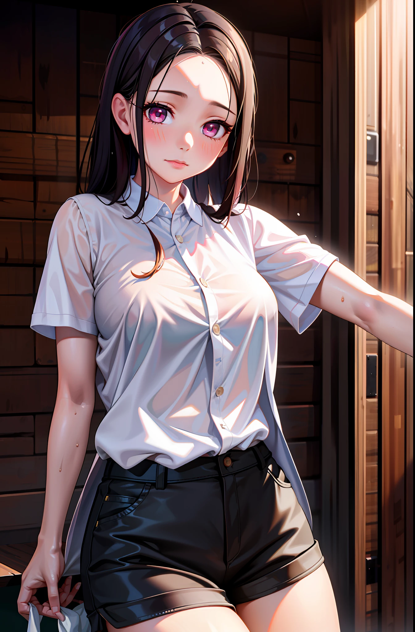 masterpiece, realistic eyes, best quality, bamboo, closed mouth, beautiful lighting, cinematic, 8k, 1girl, facial, wet face, liner, wooden walls, medium tits, white shirt, shorts, kamado nezuko, pink eyes,