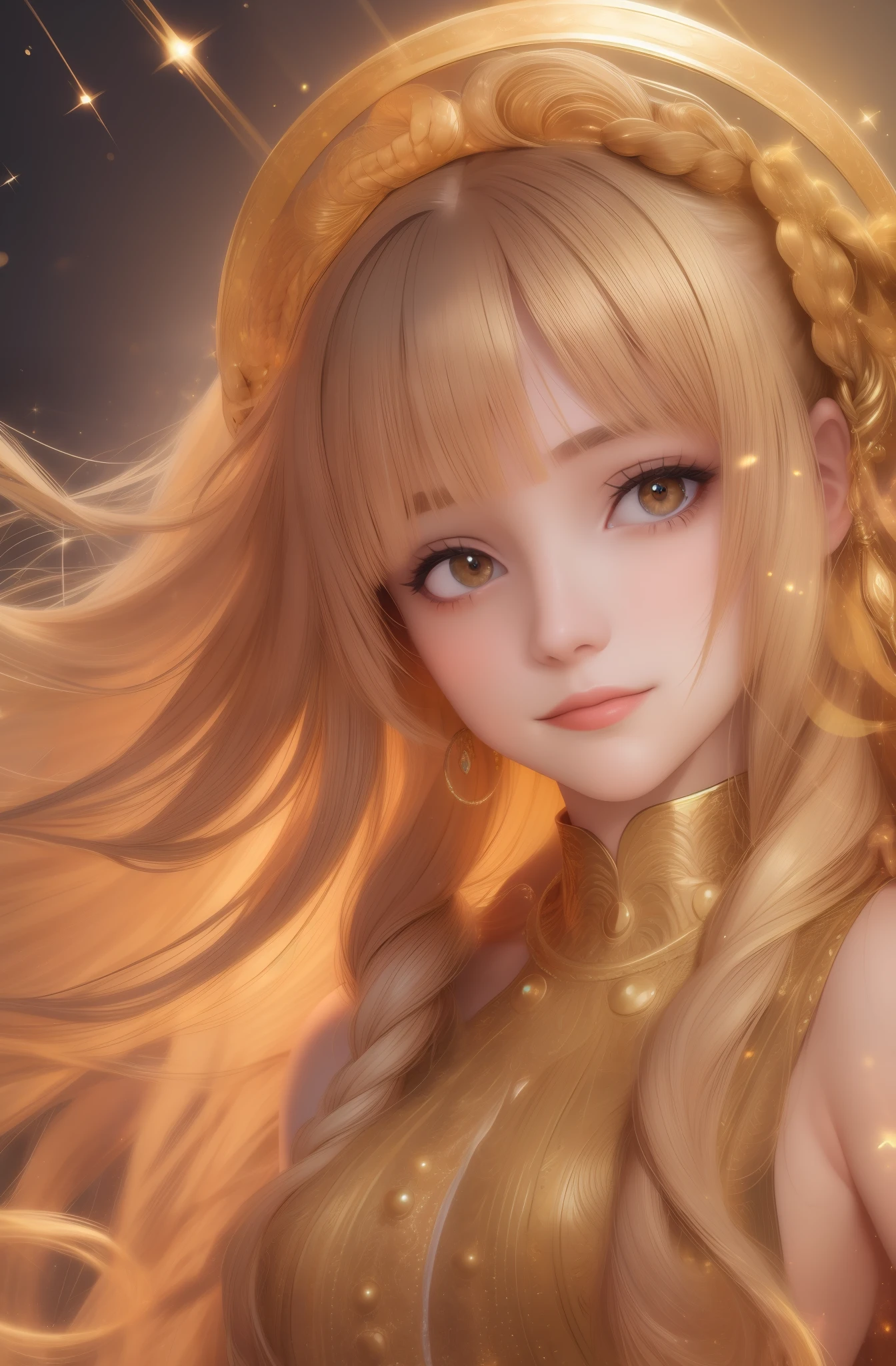 best quality, masterpiece, upper body,
(adult:1.6) hungarian woman, (smirk:0.4), arms behind head,
braided golden hair,
sparkling eyes,
victorian sundress,
floating light particles, centered,