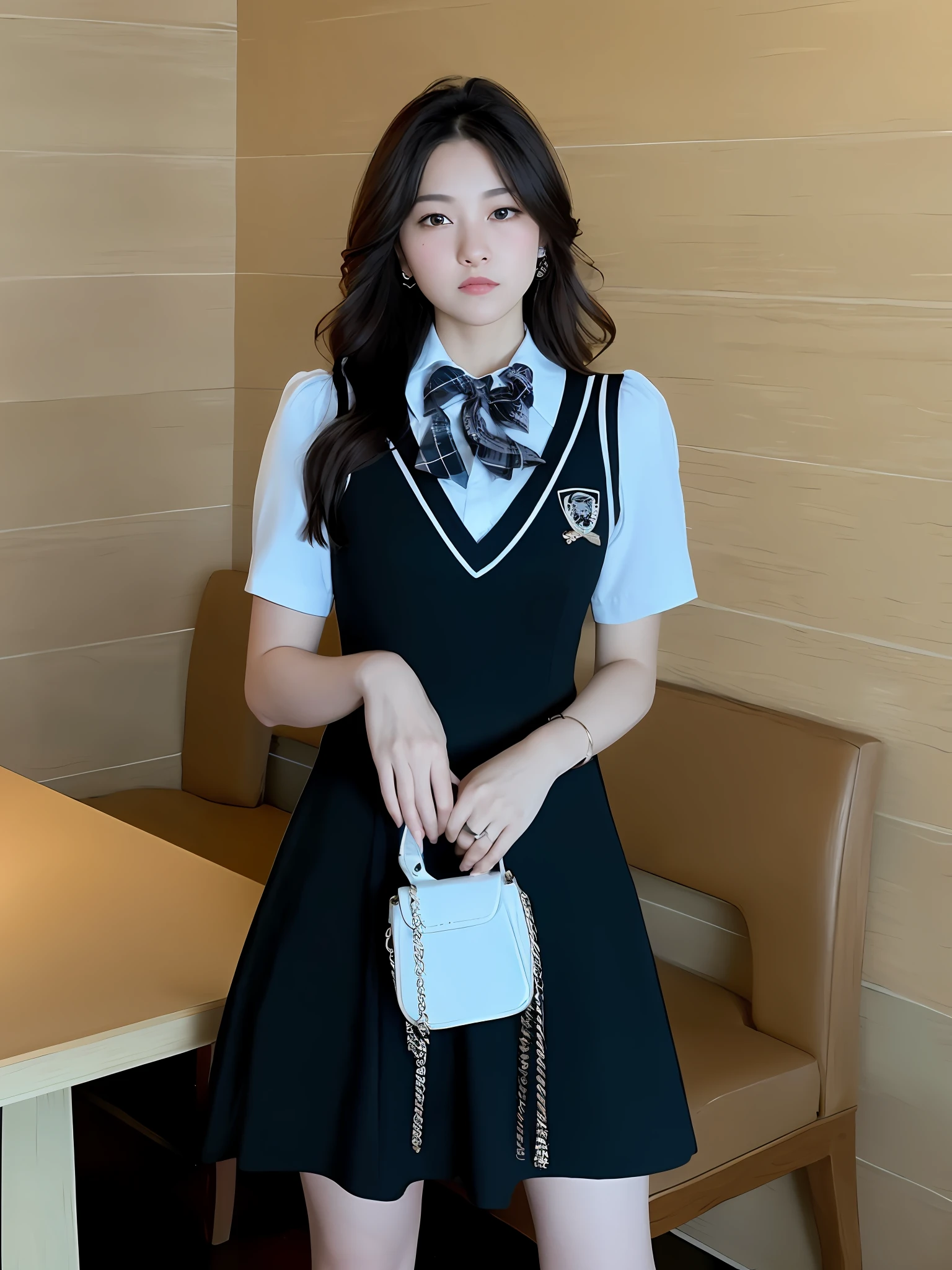 araffe wearing a black dress and a white shirt and a white purse, jk uniform, school uniform, magical school student uniform, japanese girl school uniform, seifuku, magic school uniform, wearing school uniform, japanese school uniform, cute schoolgirl, profile pic, girl wearing uniform, wearing a school uniform, school girl, wearing japanese school uniform