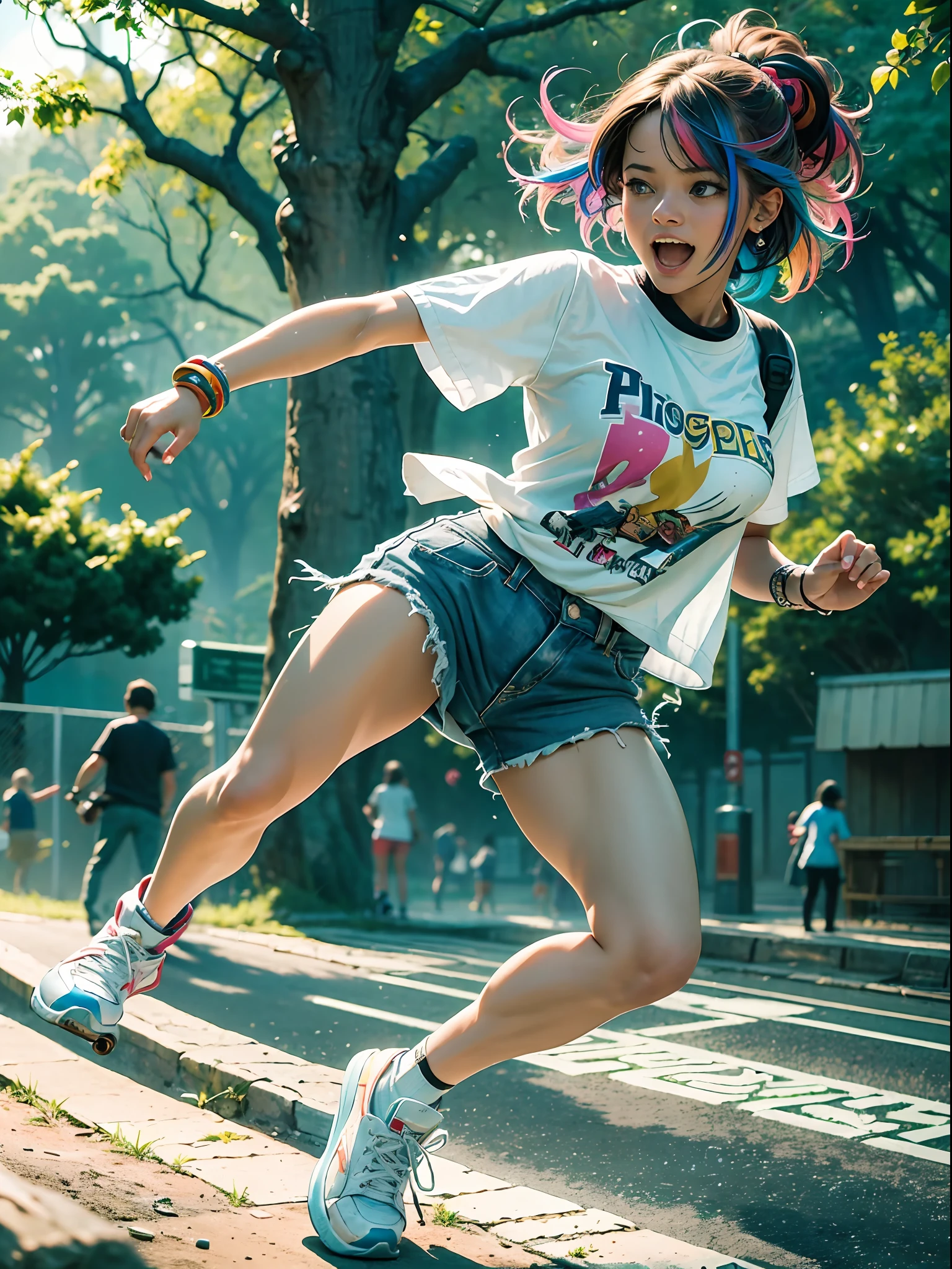 (masterpiece, high resolution, photo-realistic:1.4), a photograph captured with a 150mm wide-angle lens, featuring a age girl dressed in loose skater clothes, exuding a carefree and vibrant energy, her outfit reflecting the rebellious spirit of the skater culture, donning colorful sneakers that add a playful touch to her attire, she navigates through a park, her movements captured in a freeze-frame by a lightning-fast camera, the image capturing her mid-motion, evoking a sense of dynamism and excitement, her hair adorned with multiple vibrant colors, each strand reflecting her unique personality, her fair skin radiating a youthful glow, basking in the warmth of the daylight, the sun casting soft shadows as it illuminates the park,