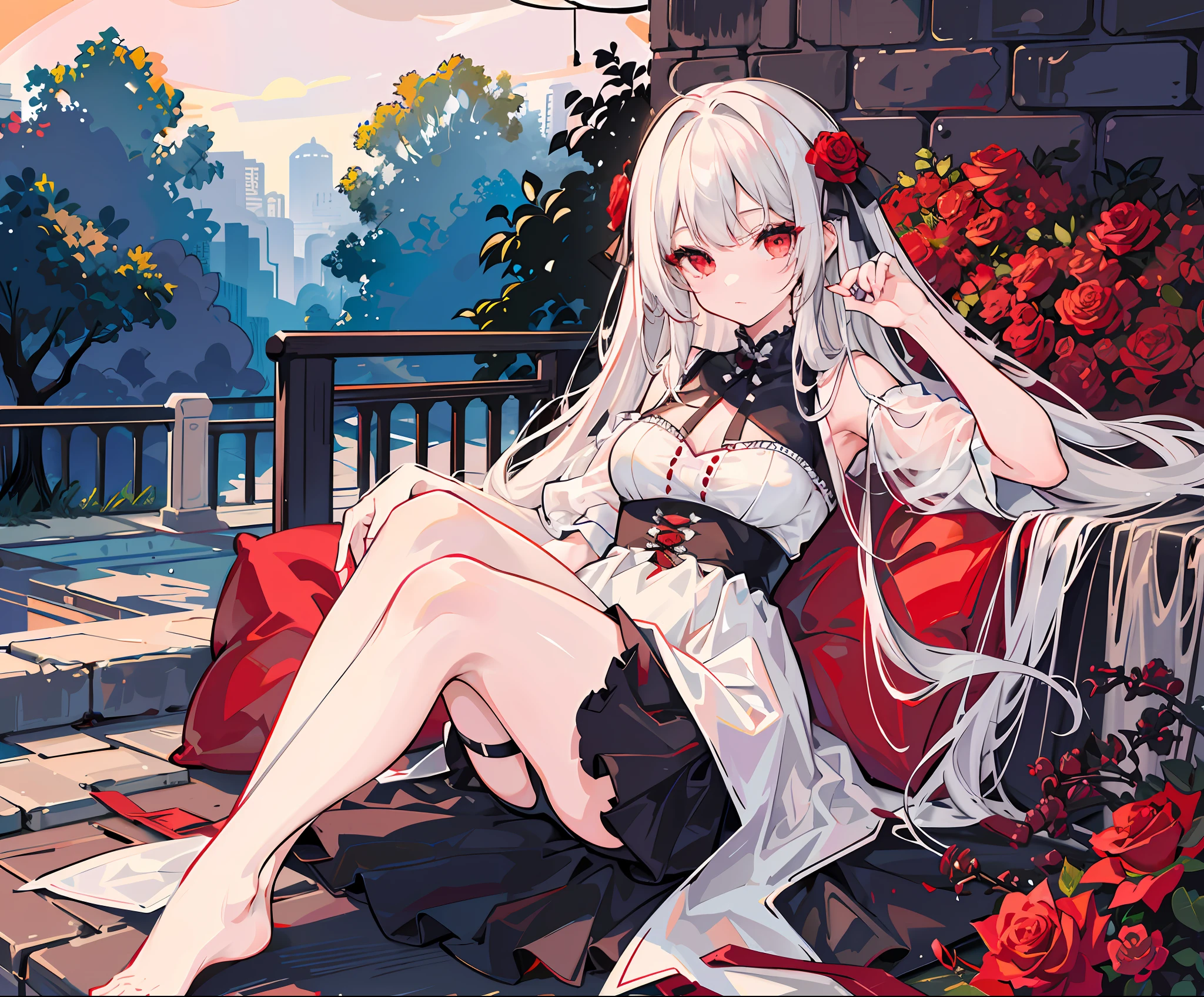 One Girl, Solo, ((Large: 1.4)), ((Hi-Res)), ((Masterpiece)), ((Best Quality)), (Very Detailed)), large_filesize, Full Color, Detailed Background,Long White Hair, Red Eyes, (Eyeliner), Ruins, Outdoor, Lots of Cushions, Cyber Gothic, Red, Sitting, See-Through Dress, Ruins, Night, Roses, Obsolete Interior