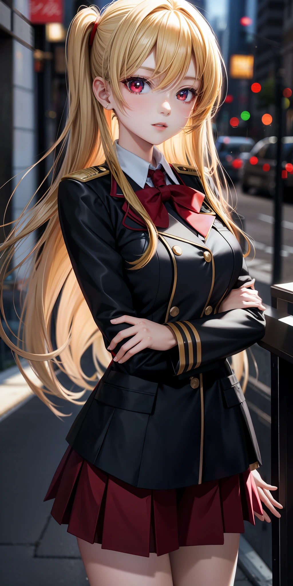 anime, single girl, blonde, red eyes, uniform