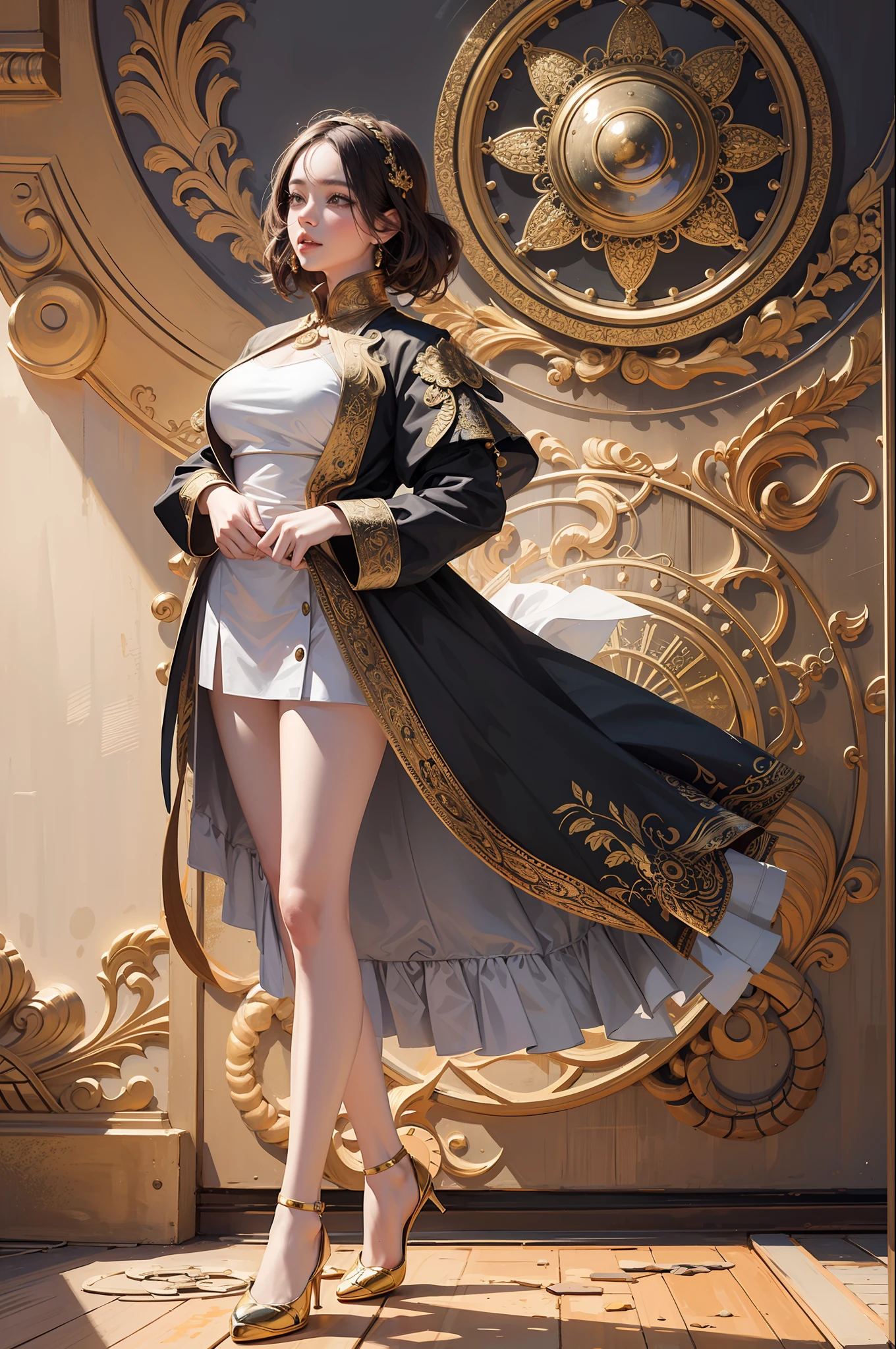 (Masterpiece, Top Quality, Best Quality, Official Art, Beauty and Aesthetics: 1.2), (1girl), Extreme Detail, Colorful, Supreme Detail, Official Art, Unified 8k Wallpaper, Ultra Detailed, Beautiful and Aesthetic, Beautiful, Masterpiece, Best Quality, (Zentangle, Mandala, Tangled, Entangle), Holy Light, Gold Leaf, Gold Leaf Art, Glitter Drawing, PerfectNwsjMajic, Thin Waist, Big Breast, Thin Legs, Coat.