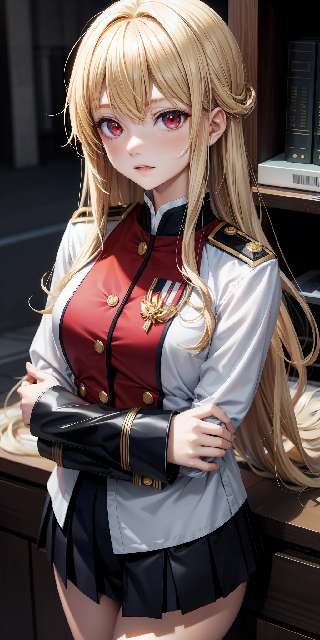anime, single girl, blonde, red eyes, uniform
