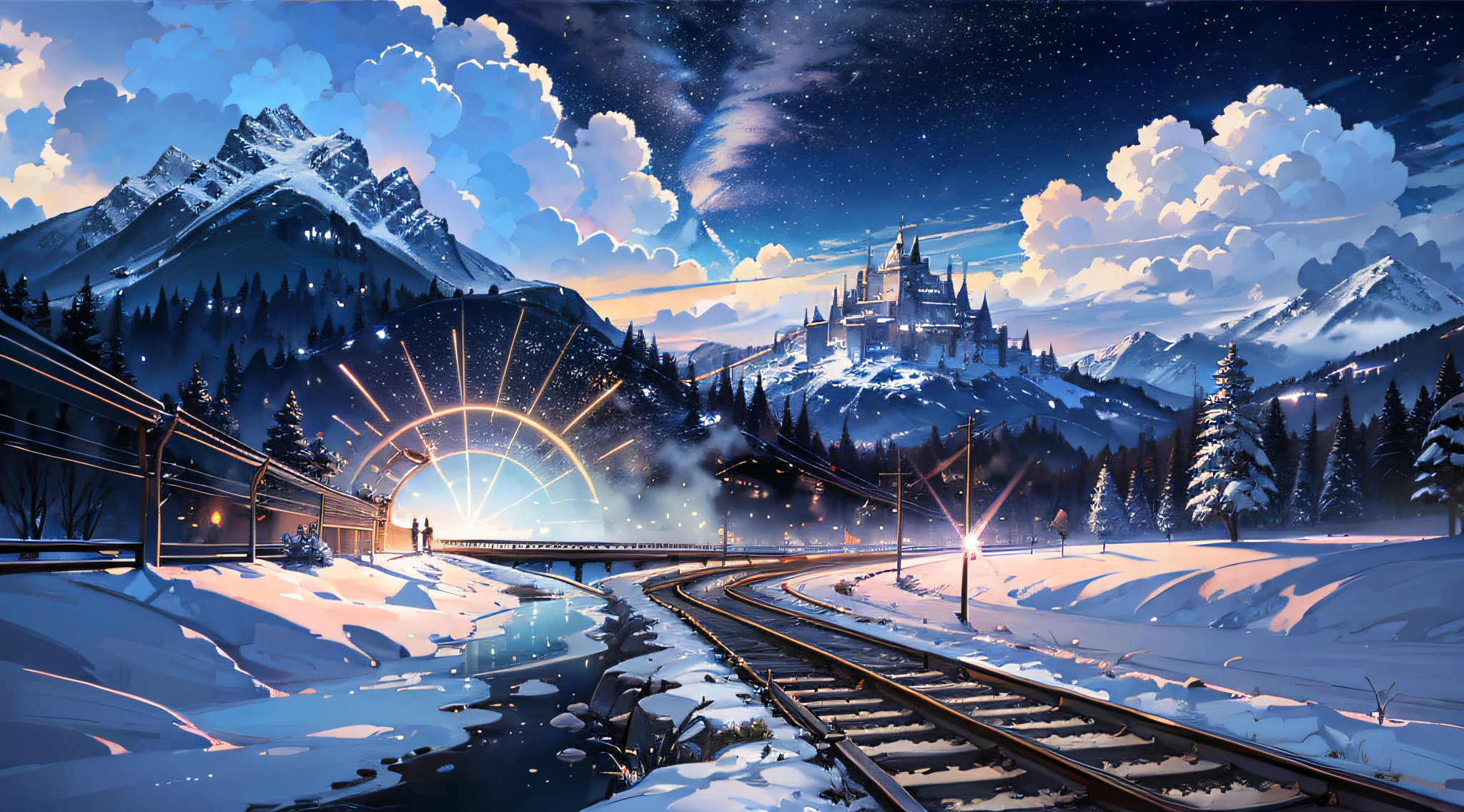 High quality masterpiece, landscape, anime train passing through bodies of water on tracks, bright starry sky. Romantic train, pixiv, concept art, lofi art style, reflection. by Makoto Shinkai, lofi art, Beautiful anime scene, Anime landscape, detailed scenery —width 672, in style of Makoto shinkai, style of Makoto shinkai, enhanced details. --auto --s2